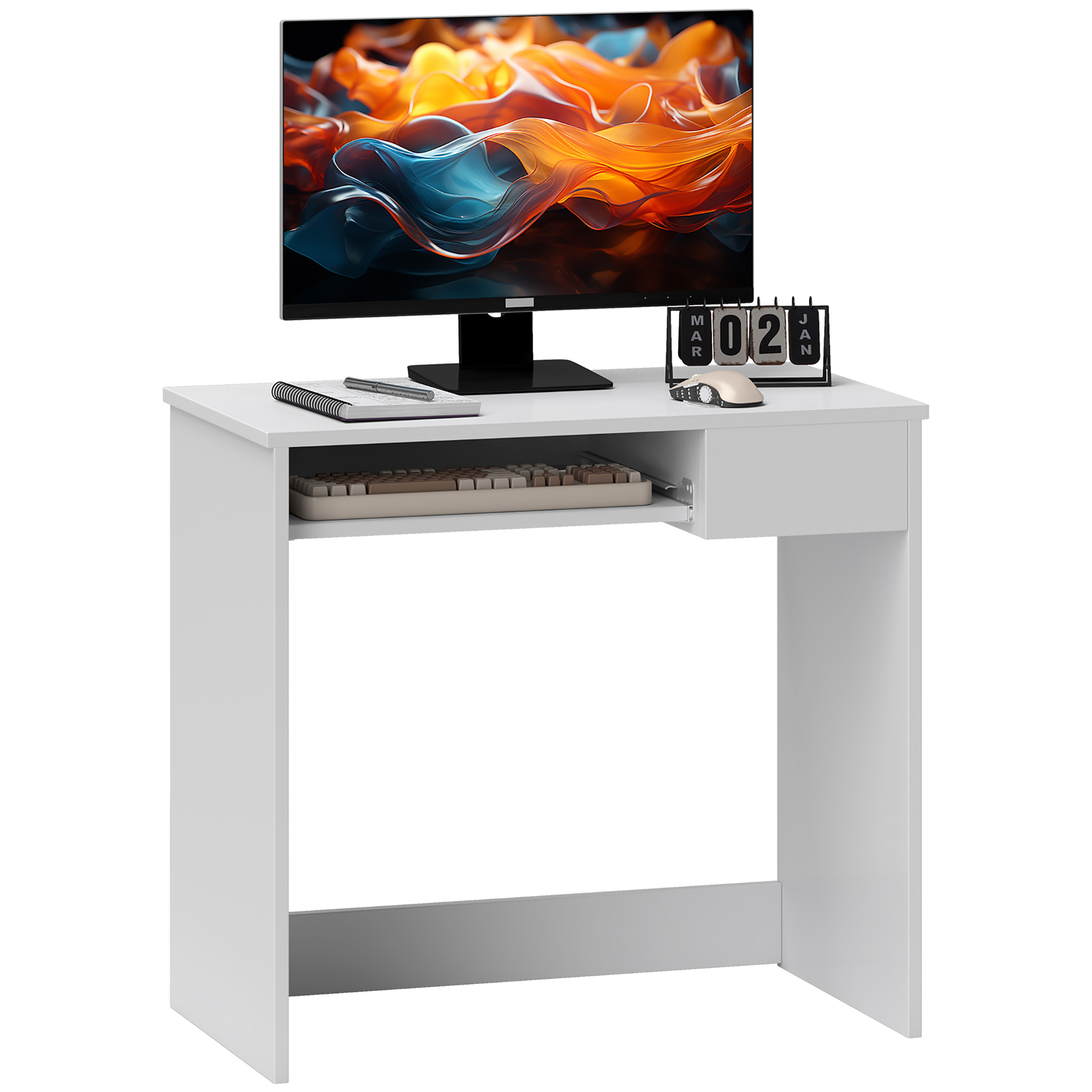 Compact Small Computer PC Table with Keyboard Tray Drawer Study Office Working Gaming Writing Desk, White - Life Essentials