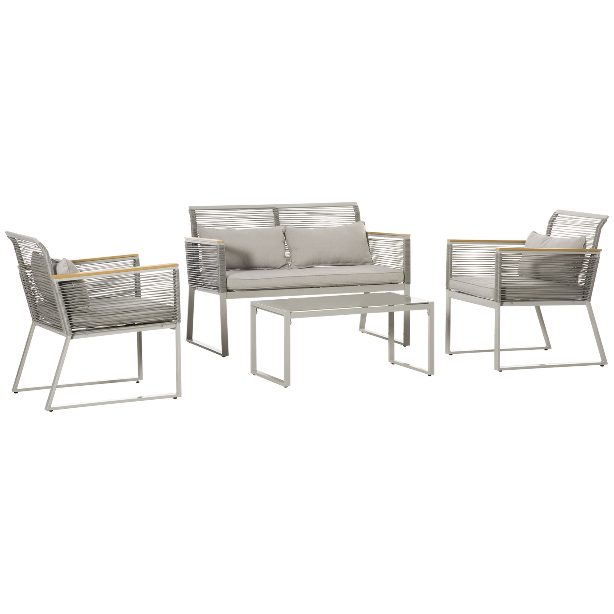 4-Seater Patio Wicker Sofa Set, Outdoor Metal Frame Wrapped Round PE Rattan Conservatory Furniture w/ Cushions, Tempered Glass Table, Grey - Life 
