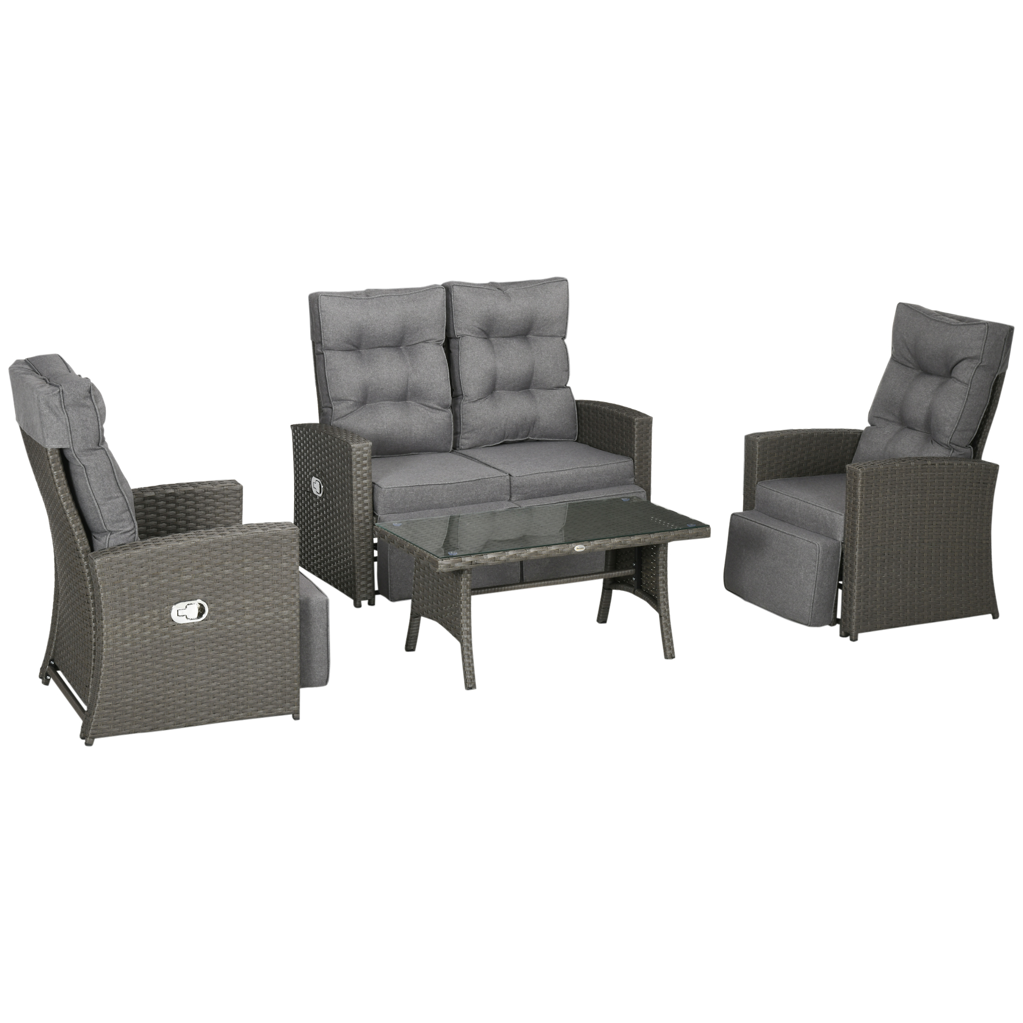 4 Piece Rattan Garden Furniture Sets, 4 Seater Outdoor Sofa Sectional w/Wicker Sofa, Reclining Armchair and Glass Table for Yard, Grey - Life 