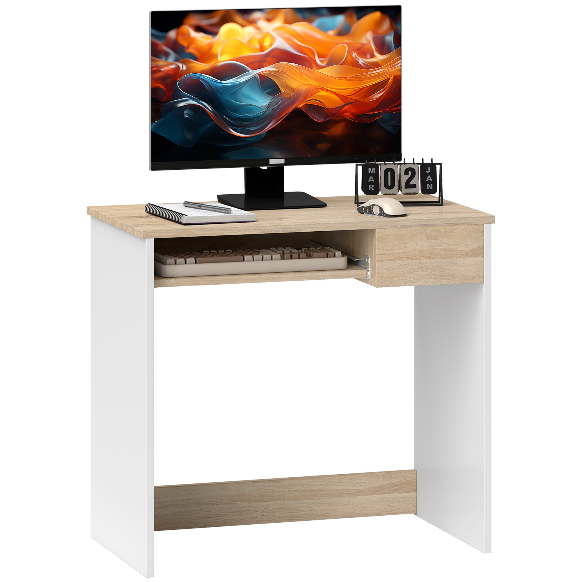 Compact Small Computer PC Table with Keyboard Tray Drawer Study Office Working Gaming Writing Desk, Oak Colour - Life Essentials