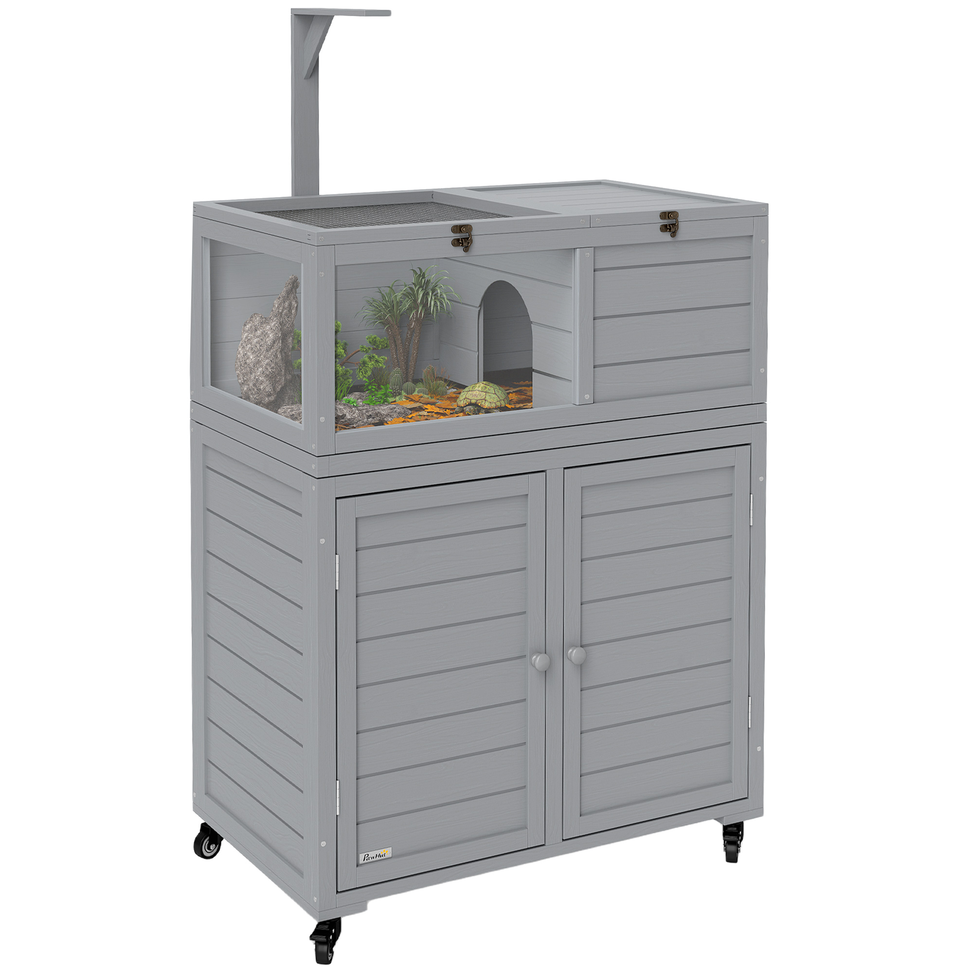 PAWSTER Wooden Tortoise House with Storage Cabinet, Openable Top, Lamp Holder, Transparent Observation Windows, Light Grey - Life Essentials