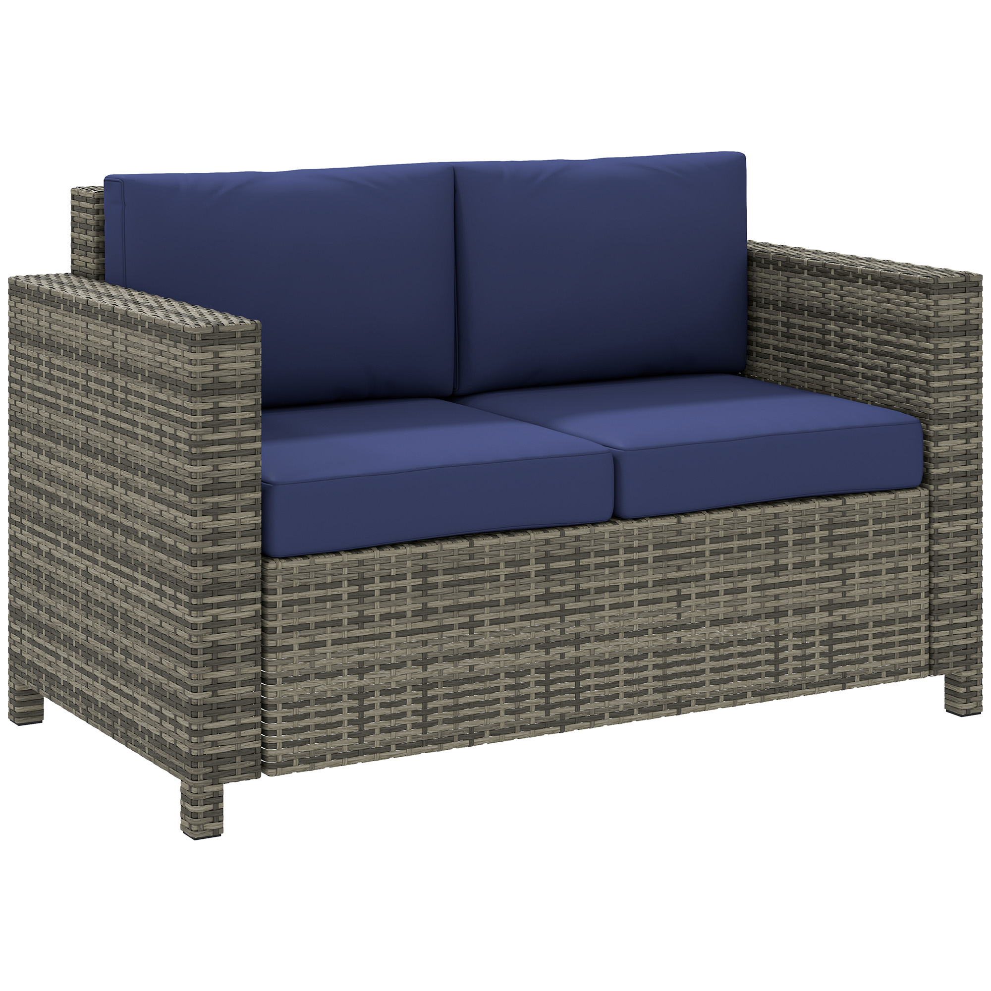SUNVISTA 2 Seater Garden Furniture, Rattan Sofa with Soft Padded Cushion and Armrests, Wicker Garden Loveseat for Patio, Navy Blue - Life Essentials