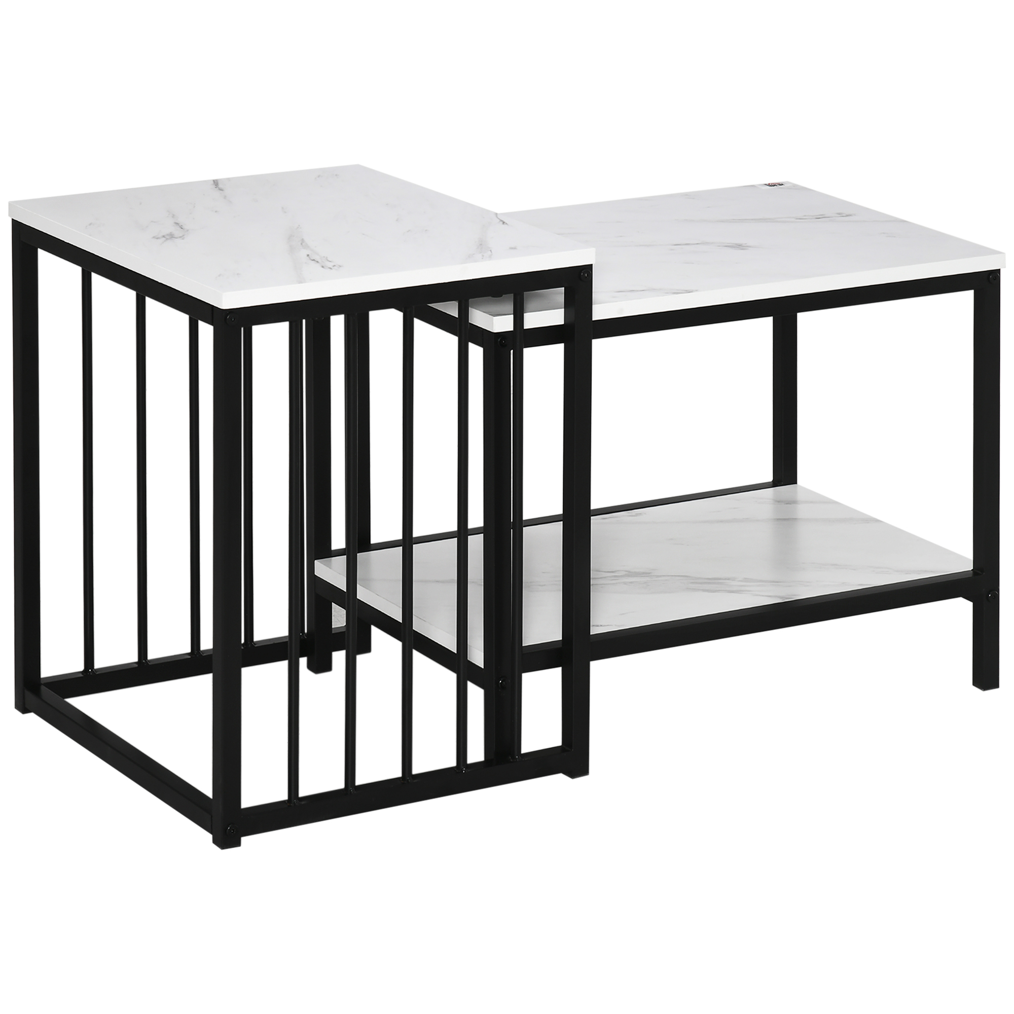 Modern Coffee Table Set of Two, Marble-Effect Nest of Tables with Steel Frame for Living Room, White and Black - Life Essentials