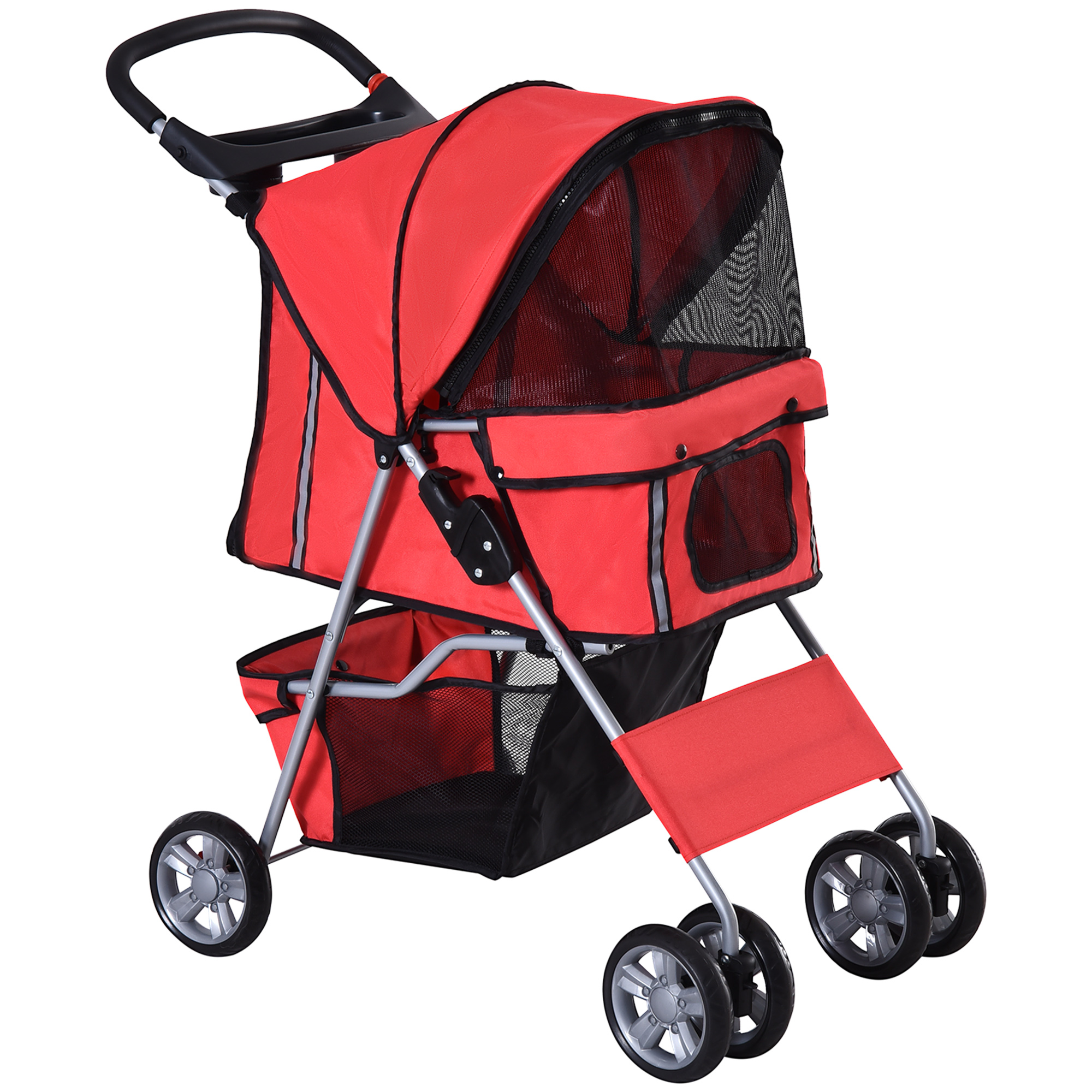 Dog Pram Pet Stroller Dog Pushchair Foldable Travel Carriage with Wheels Zipper Entry Cup Holder Storage Basket Red - Life Essentials