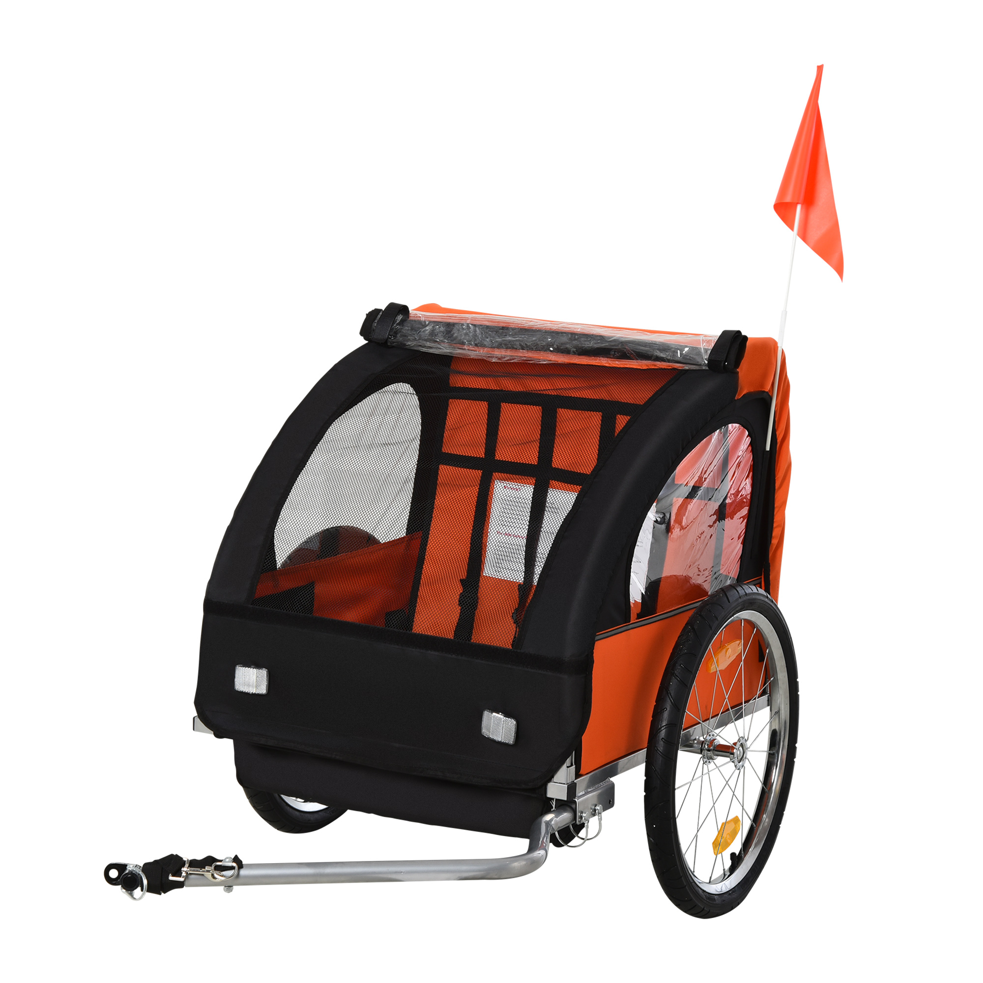 2 Seat Bike Trailer Bicycle wagon for Kids Child Steel Frame Safety Harness Seat Carrier Orange Black 130 x 76 x 88 cm - Life Essentials