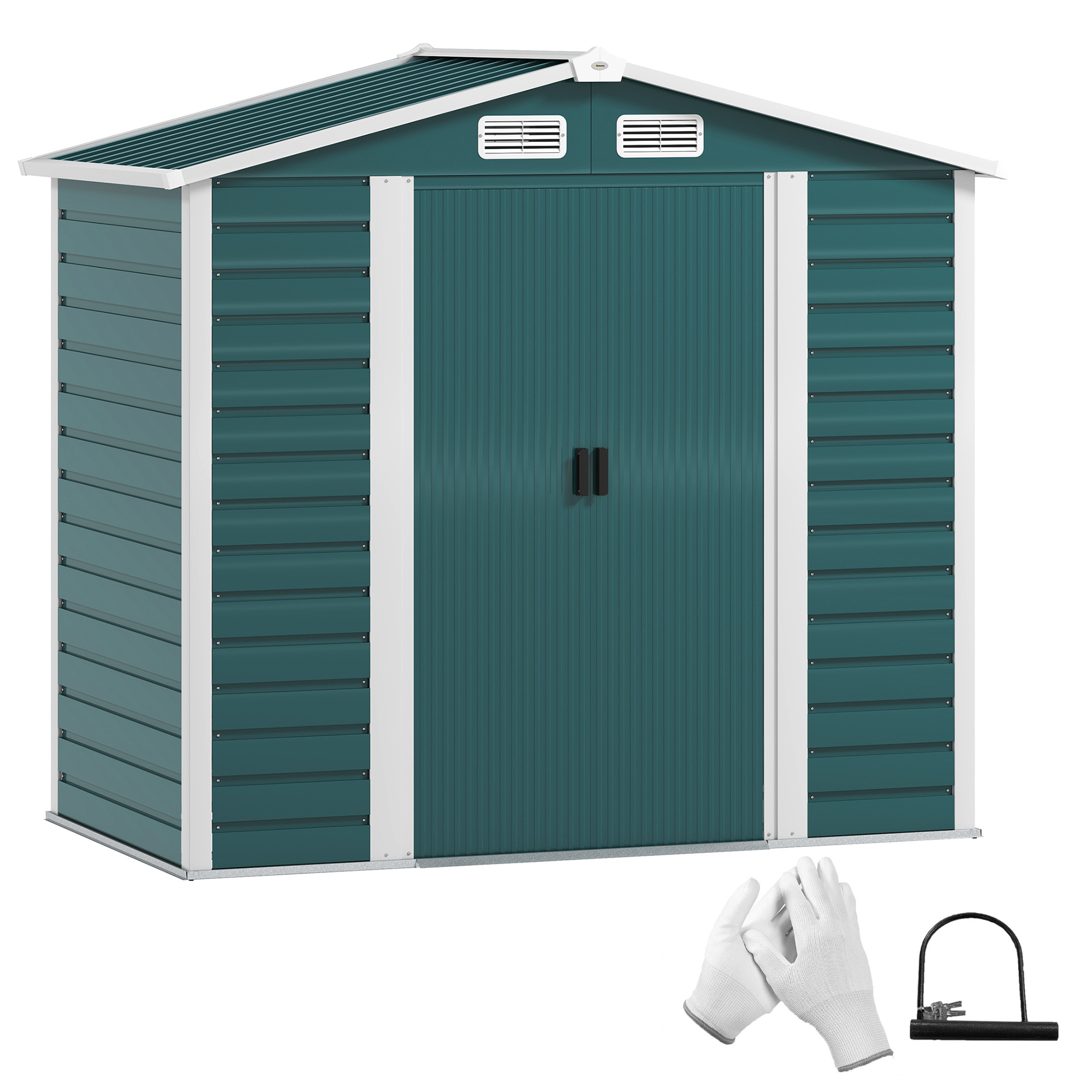 SUNVISTA 7x4ft Garden Storage Shed, Galvanised Steel, Double Doors with Lock, Foundation Kit & Vents, Green - Life Essentials