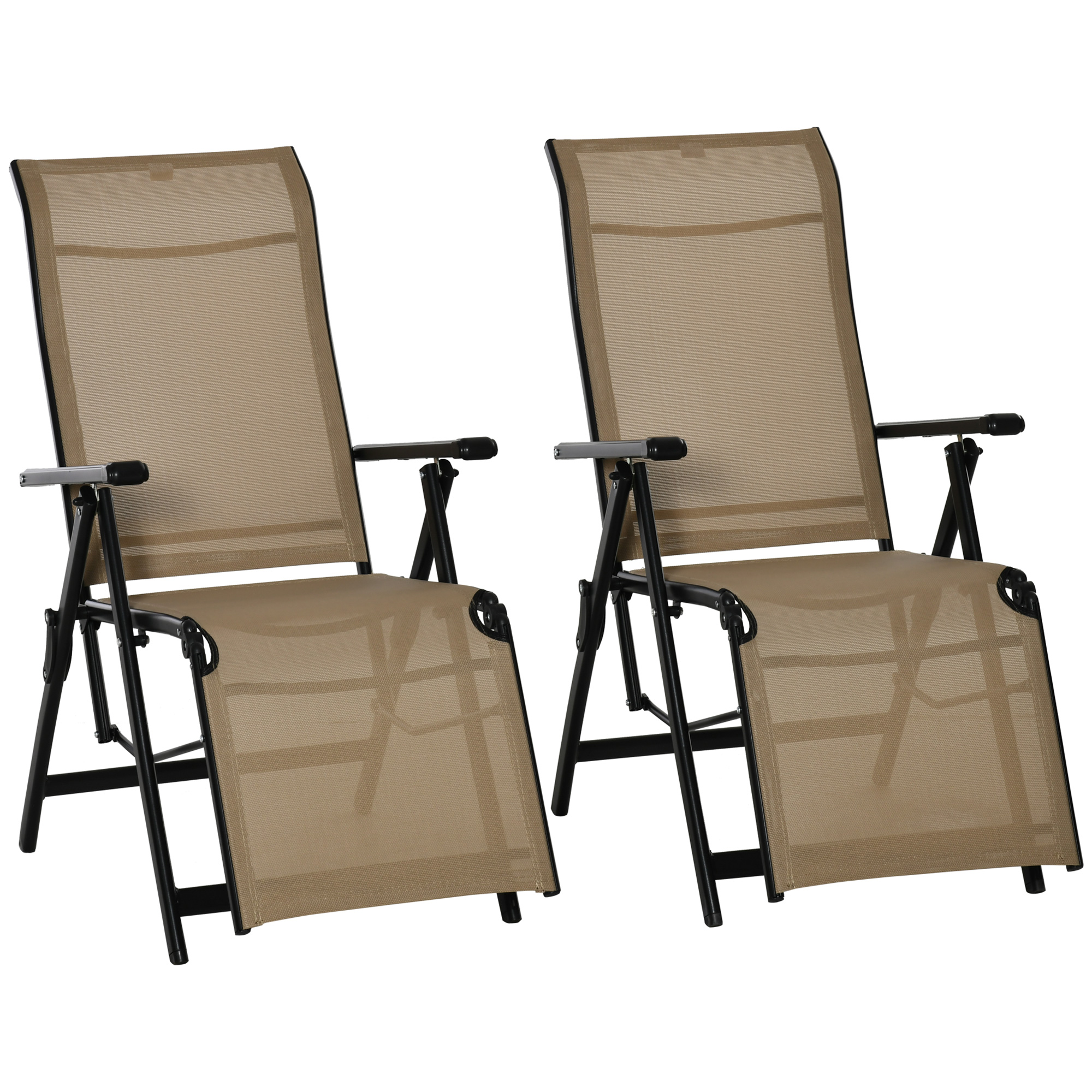 Set of 2 Outdoor Sun Lounger Adjustable Folding Steel Chaise Reclining Lounge Chairs with 10 Back and Leg Positions, Beige - Life Essentials