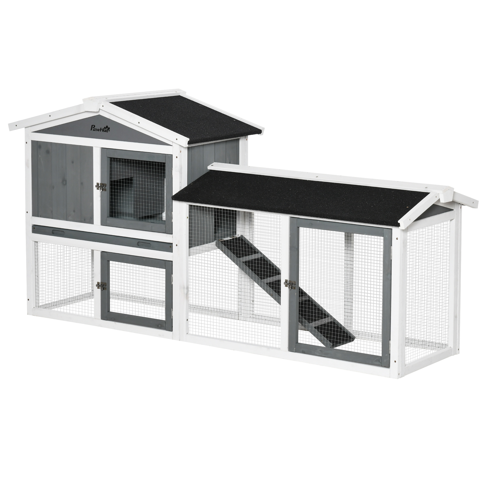 2 Tier Wooden Rabbit Hutch, Guinea Pig Cage, Bunny Run, Small Animal House with Run Box, Slide-out Tray, 175.8 x 52 x 85.5cm, White - Life Essentials