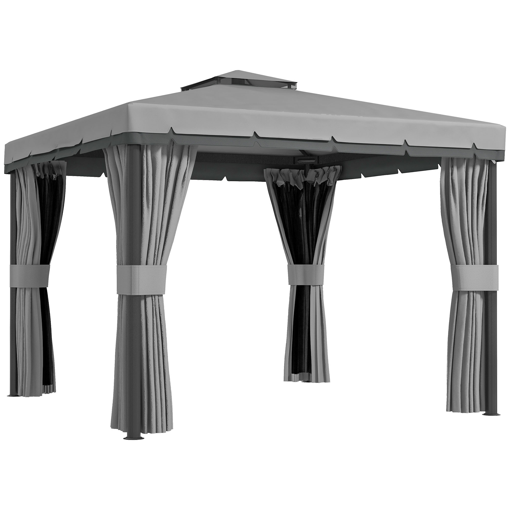 3 x 3(m) Patio Gazebo Canopy Garden Pavilion Tent Shelter Marquee with 2 Tier Roof, Netting and Curtains, Light Grey - Life Essentials