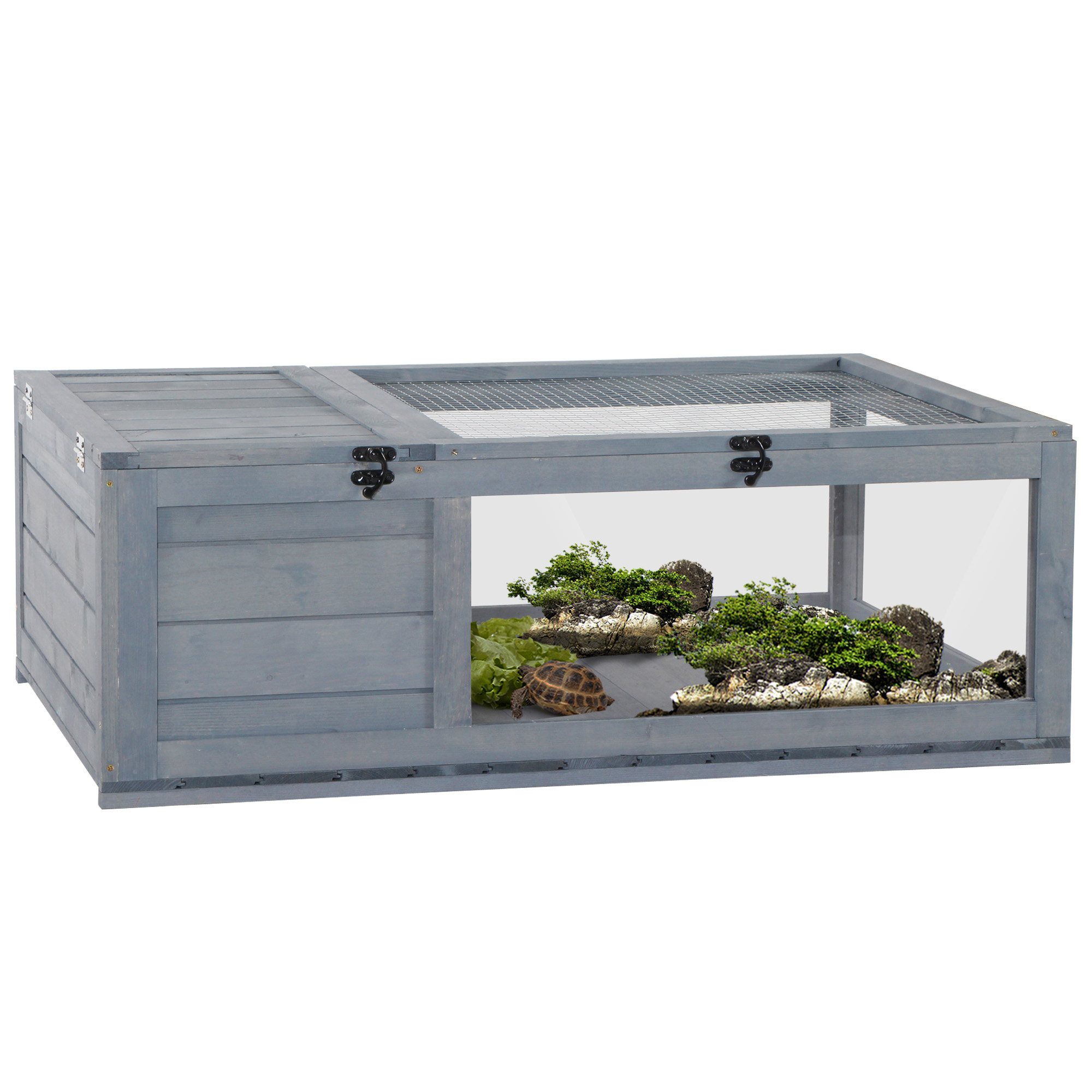 Tortoise House with Mesh Roof, Small Pet Reptile Wooden House, Tortoise Enclosure with Pulled-out Side Panel for Indoor, Outdoor, Grey - Life 
