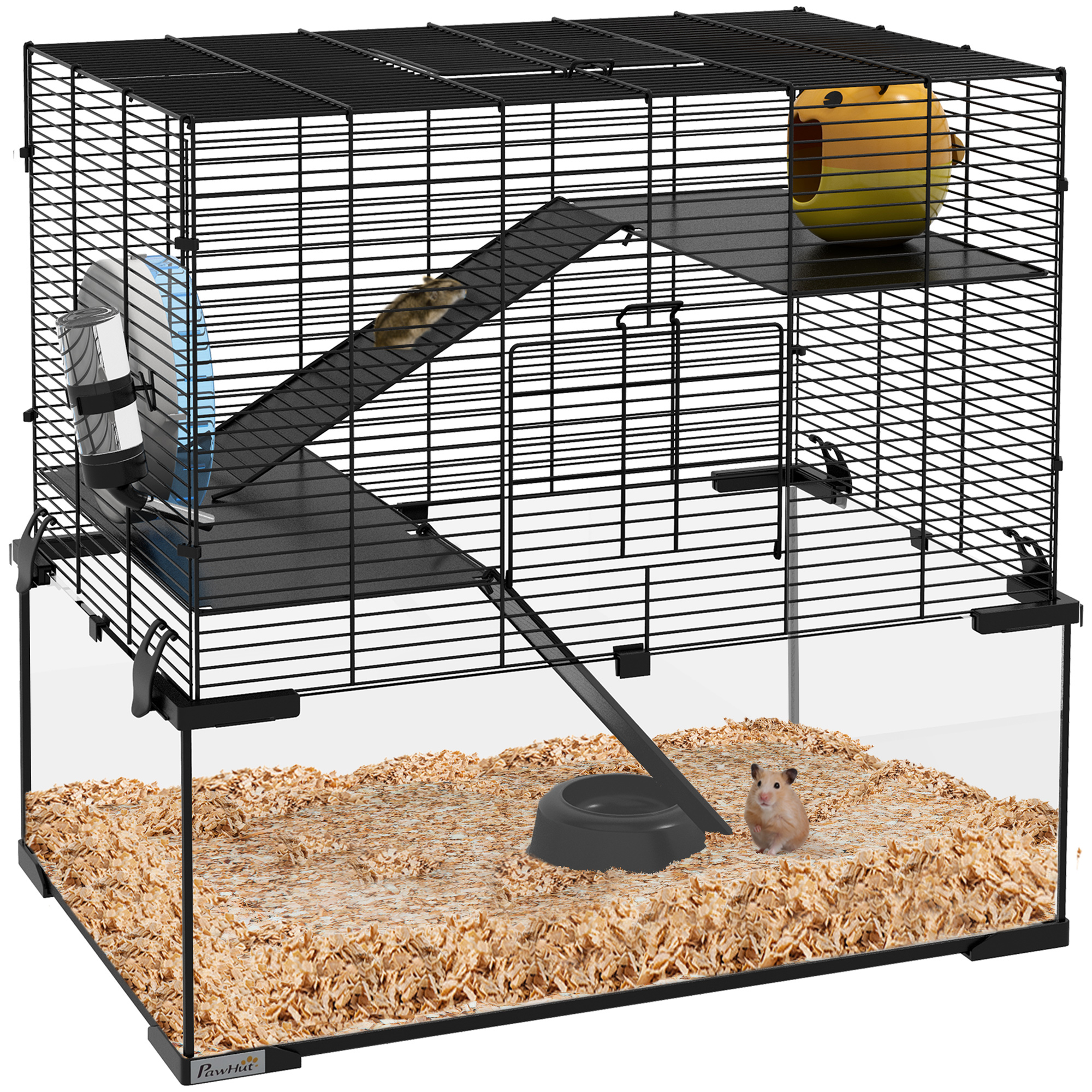 3 Tiers Hamster Cage, Gerbil Cage with Deep Glass Bottom, Non-Slip Ramps, Platforms, Hut Exercise Wheels Water Bottle for Syrian Dwarf Hamster - Life 