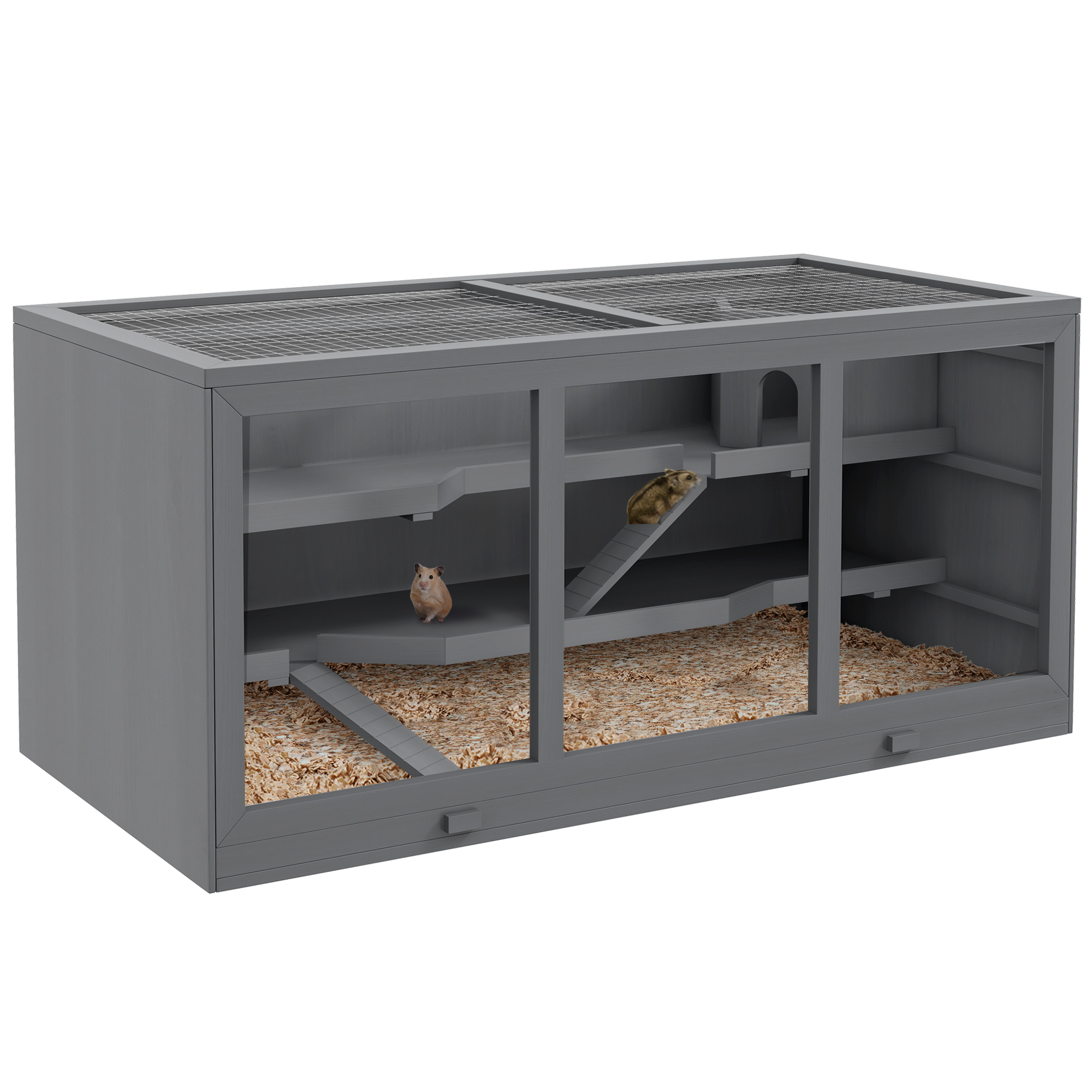 PAWSTER Wooden Hamster Cage, Small Animals Hutch with Tray, Openable Top, Exercise Play House Pen, 115L x 57W x 55Hcm, Grey - Life Essentials