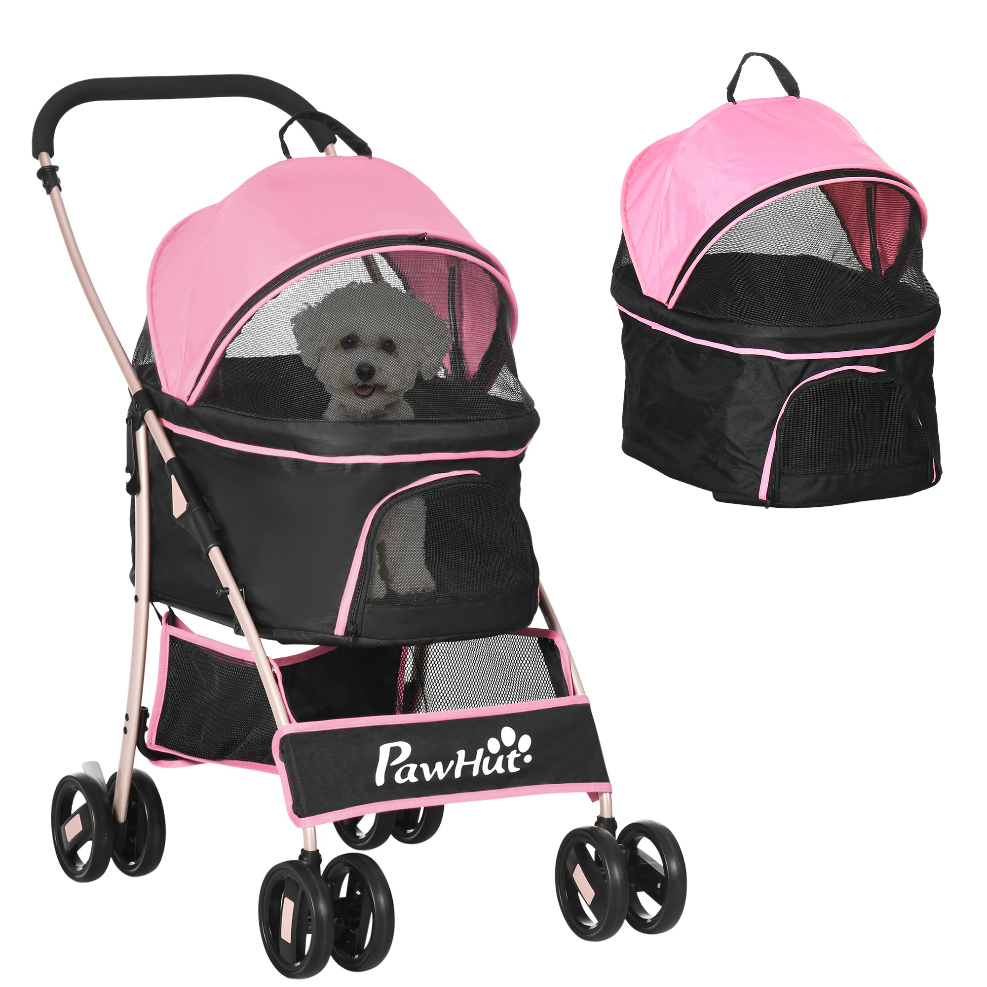 Detachable Pet Stroller, 3-In-1 Dog Cat Travel Carriage, Foldable Carrying Bag with Universal Wheel Brake Canopy Basket Storage Bag, Pink - Life 