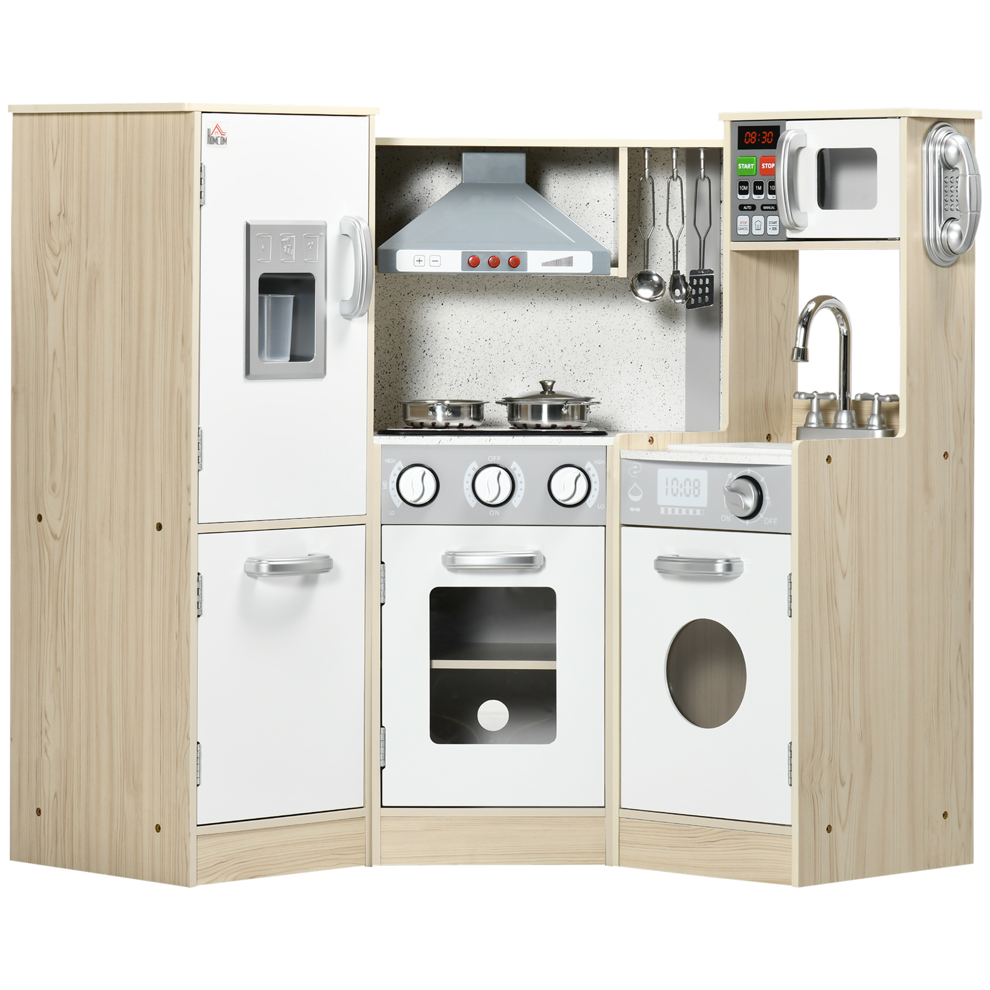 Toy Kitchen for Kids with Role Play Accessories, Wooden Corner Pretend Kitchen with Sound and Light, Phone, Microwave, Refrigerator, Ice Maker - Life 