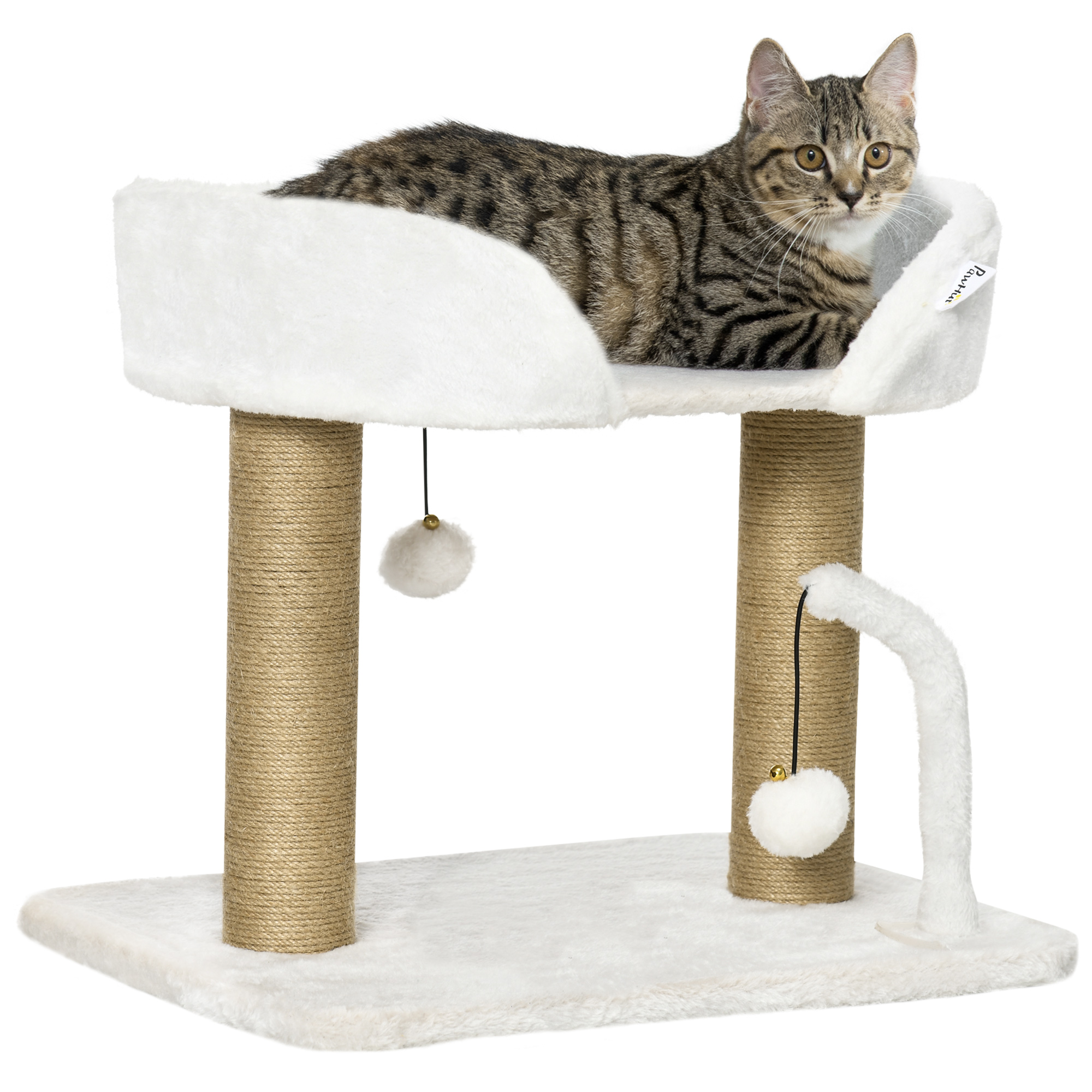 42cm Indoor Cat Tree, with Toy Balls, Jute Scratching Post - White - Life Essentials