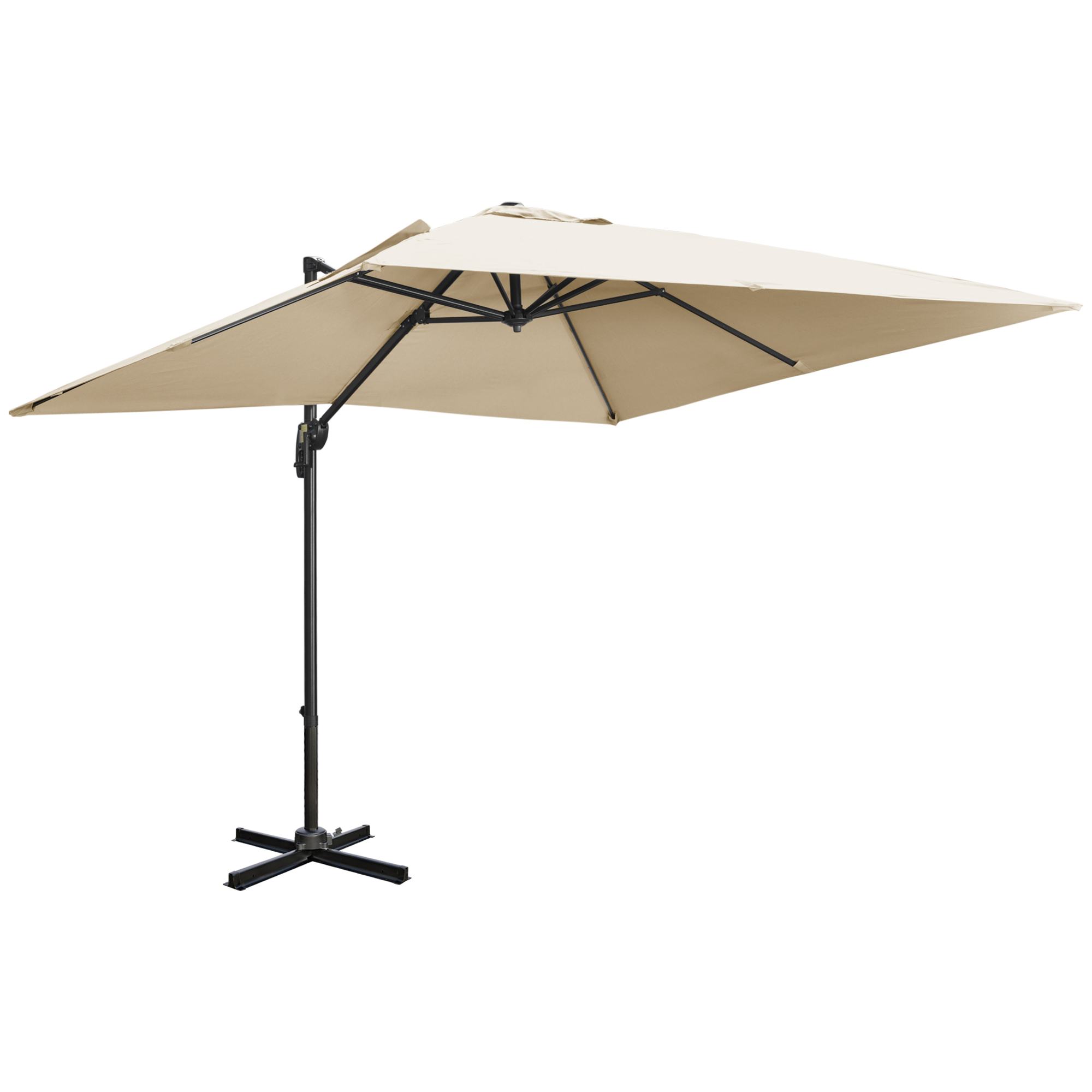 2.7 x 2.7 m Cantilever Parasol, Square Overhanging Umbrella with Cross Base, Crank Handle, Tilt, 360deg Rotation, Aluminium Frame, Cream White - Life 