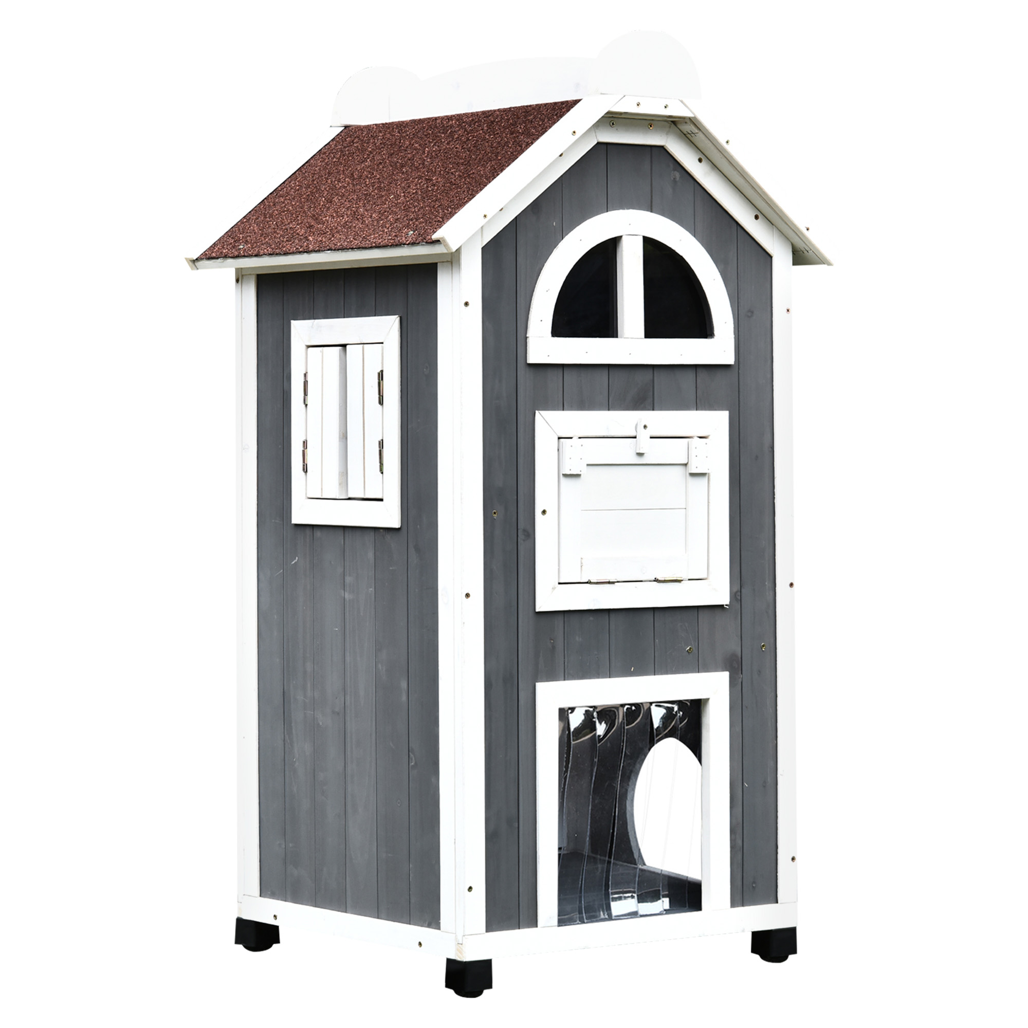 Wooden Cat House, Weatherproof Pet Shelter, Outdoor Cat Condos Cave, 2 Floor Furniture, Grey and White - Life Essentials