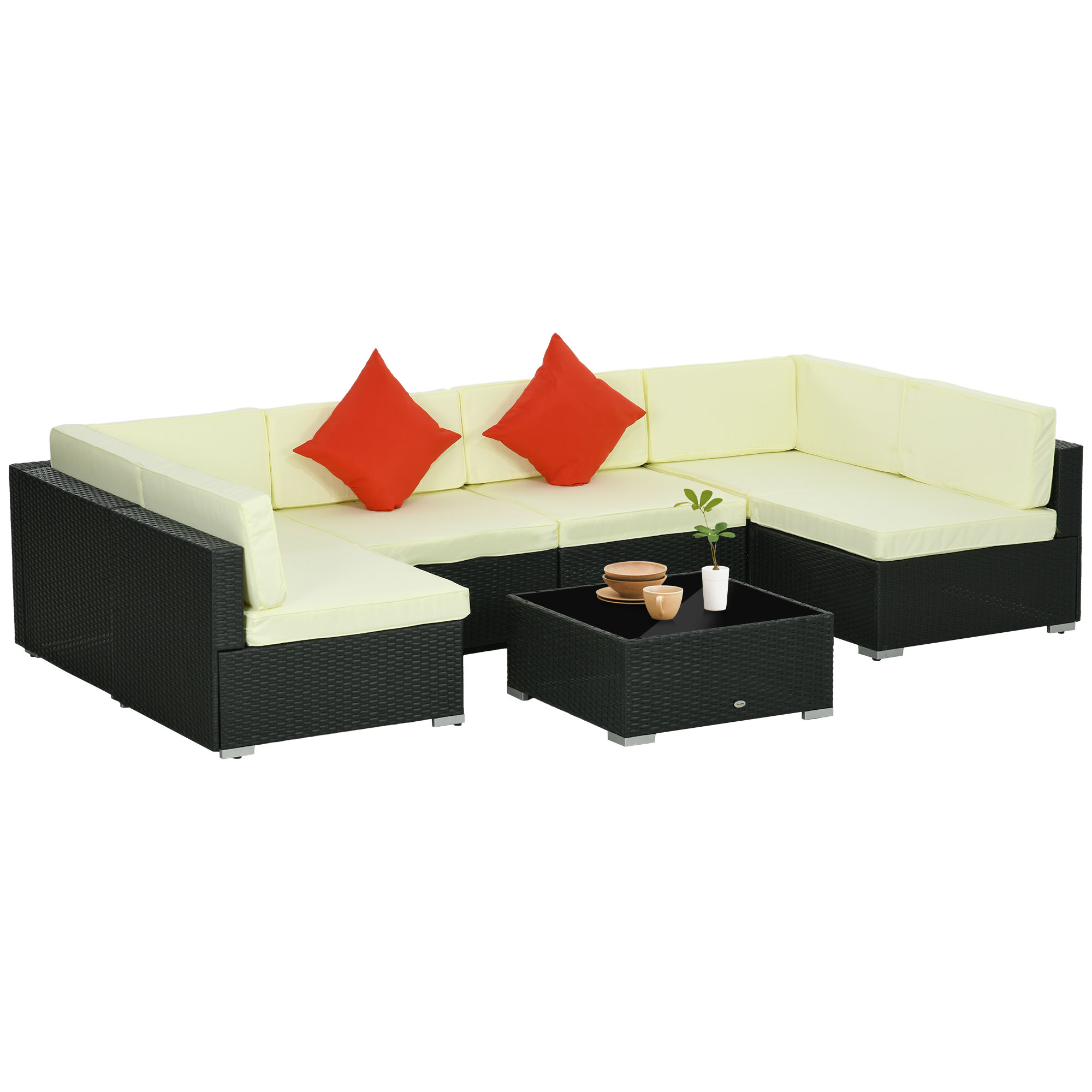 7 Pieces PE Rattan Garden Furniture Set with Thick Padded Cushion, Patio Garden Corner Sofa Sets with Glass Coffee Table and Pillows, Buckle Structure