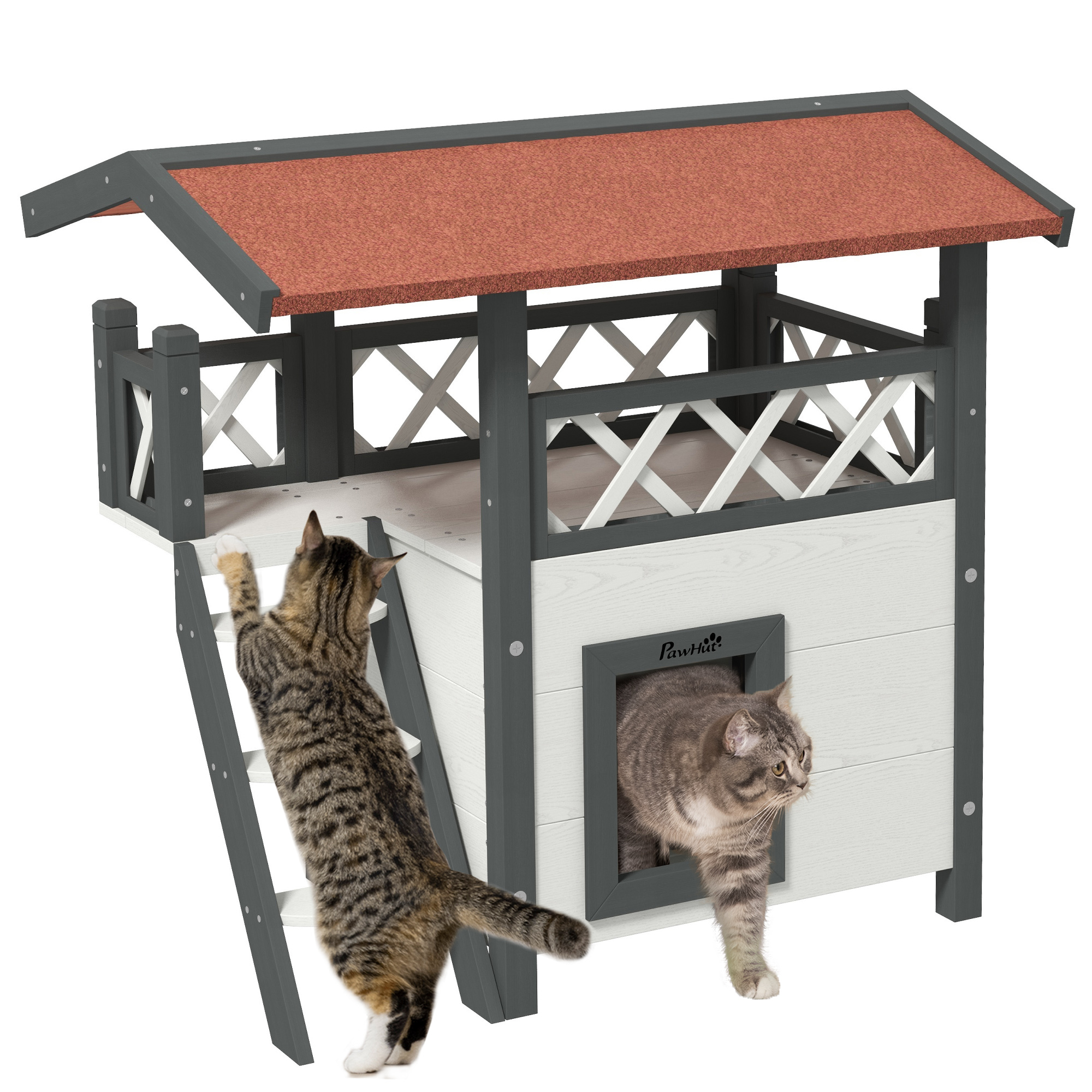 Cat House Outdoor w/ Balcony Stairs Roof, 77 x 50 x 73 cm, White - Life Essentials