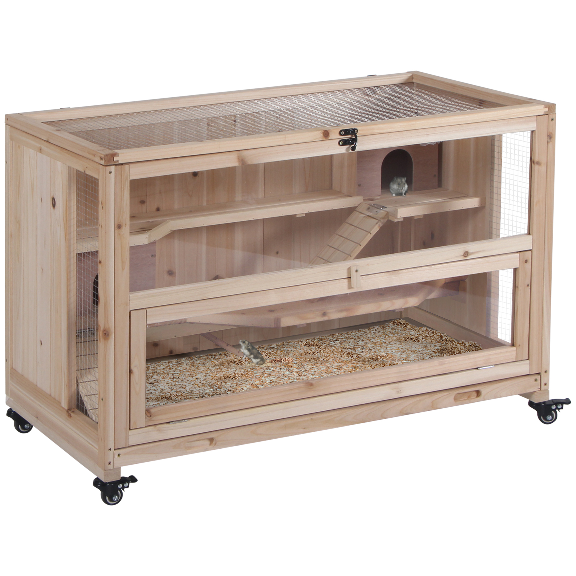 Wooden Hamster Cage, Mice Rodent Small Animals Kit Hutch, 3 Tiers Exercise Play House, with Wheels, Bottom Tray, 99 x 50 x 69 cm, Natural Wood - Life 