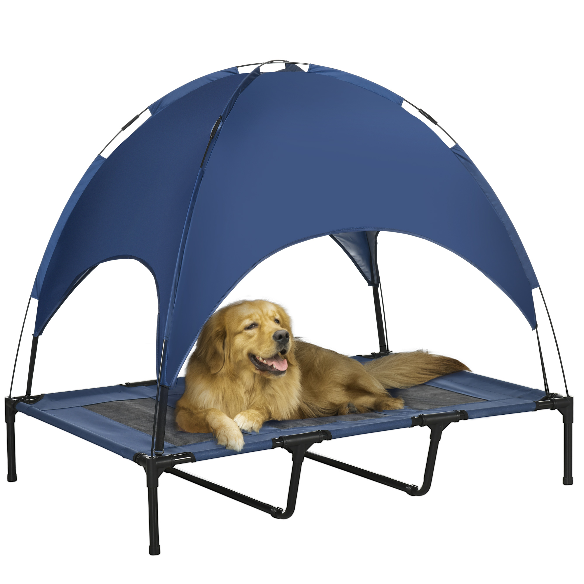 Raised Dog Bed Waterproof Elevated Pet Cot with Breathable Mesh UV Protection Canopy Blue, for XL Dogs, 122 x 92 x 108cm - Life Essentials