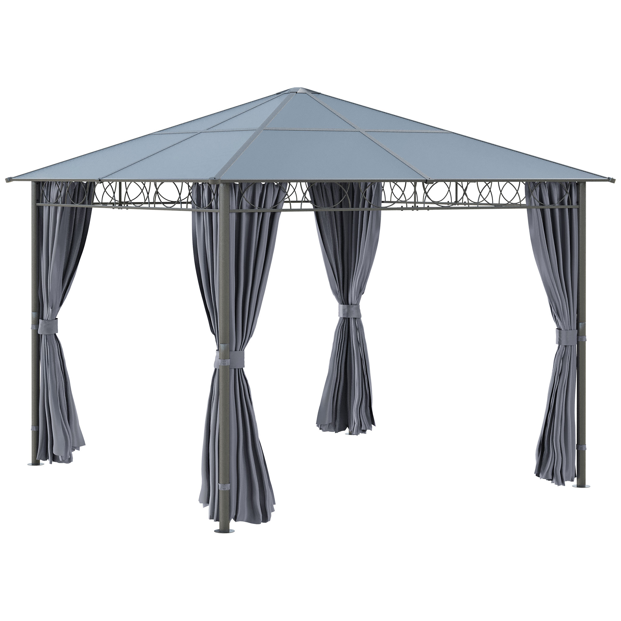 3 x 3(m) Hardtop Gazebo with UV Resistant Polycarbonate Roof, Steel & Aluminum Frame, Garden Pavilion with Curtains, Grey - Life Essentials