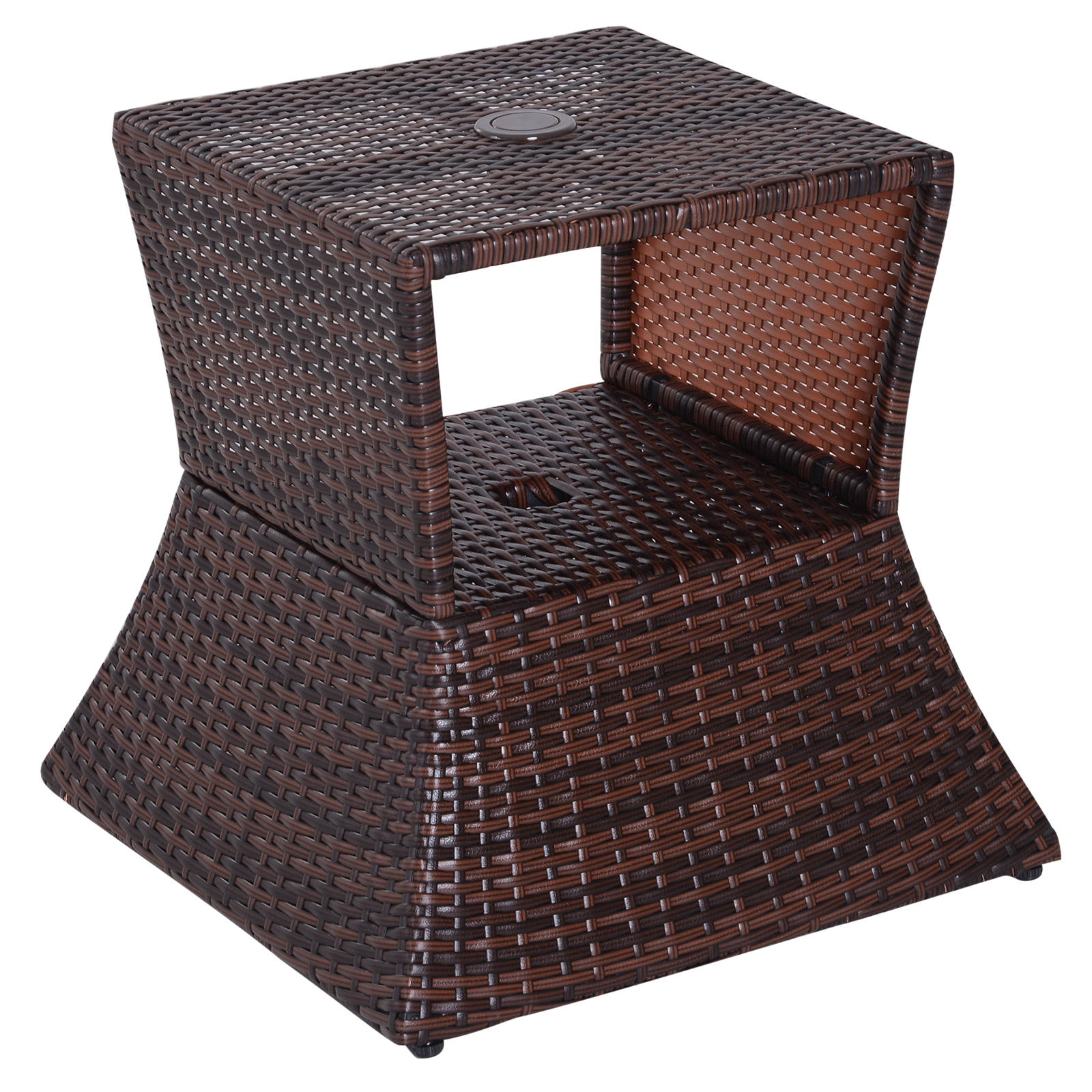 Outdoor Patio Rattan Wicker Coffee Table Bistro Side Table w/ Umbrella Hole and Storage Space, Brown - Life Essentials