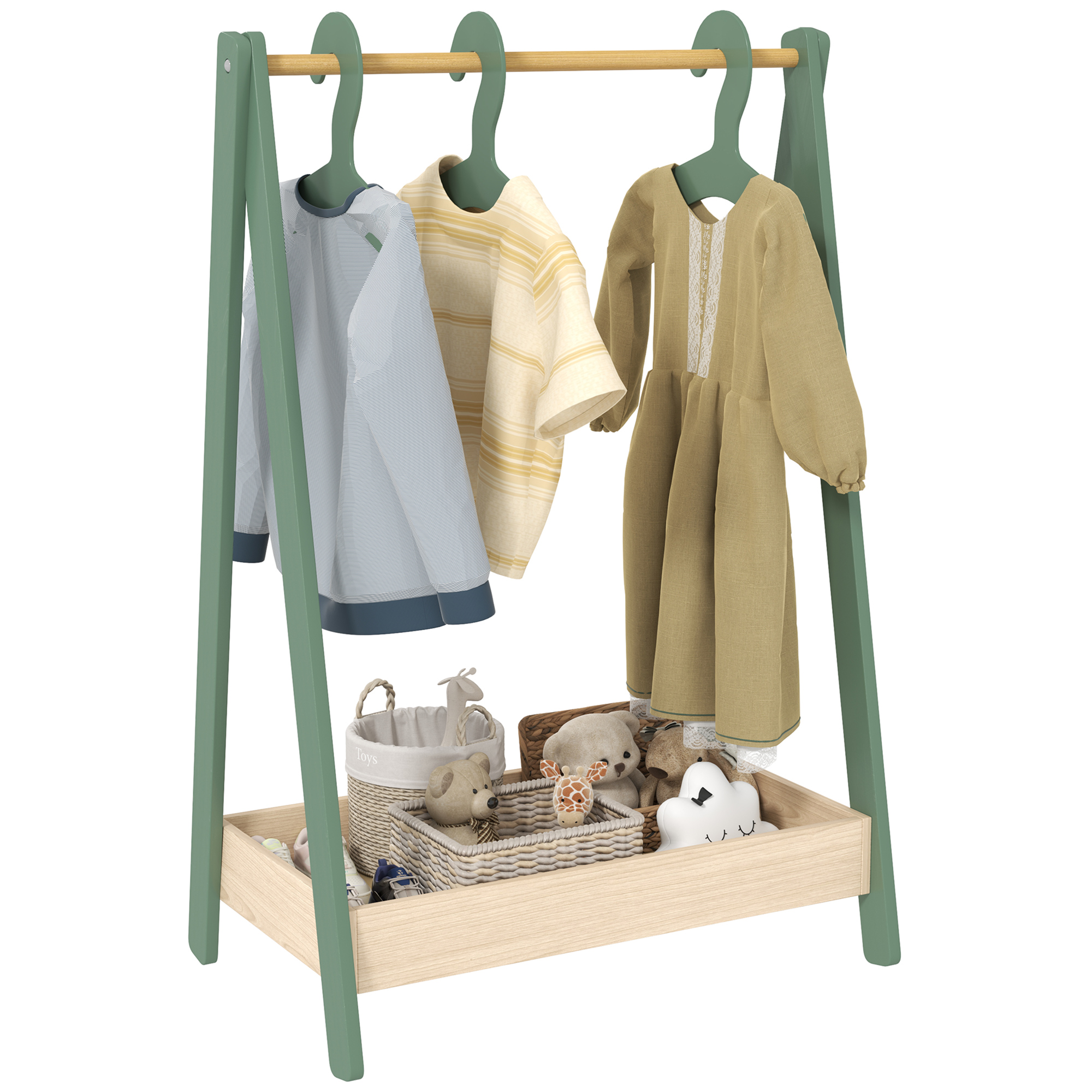 AIVAGO Kids Clothes Rail with 3Hangers, Bottom Storage Shelf for Girls, Boys, Nursery, Bedroom, Green - Life Essentials