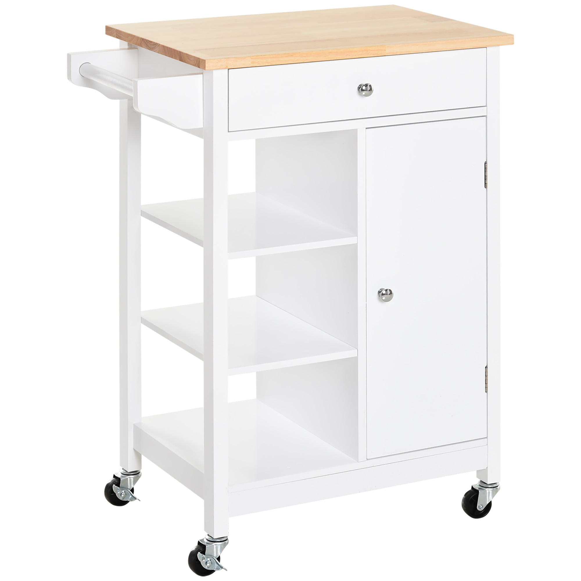 Kitchen Storage Trolley Unit w/ Wood Top 3 Shelves Cupboard Drawer Rail 4 Wheels Handles Moving Shelf Handy Spacesaver White - Life Essentials