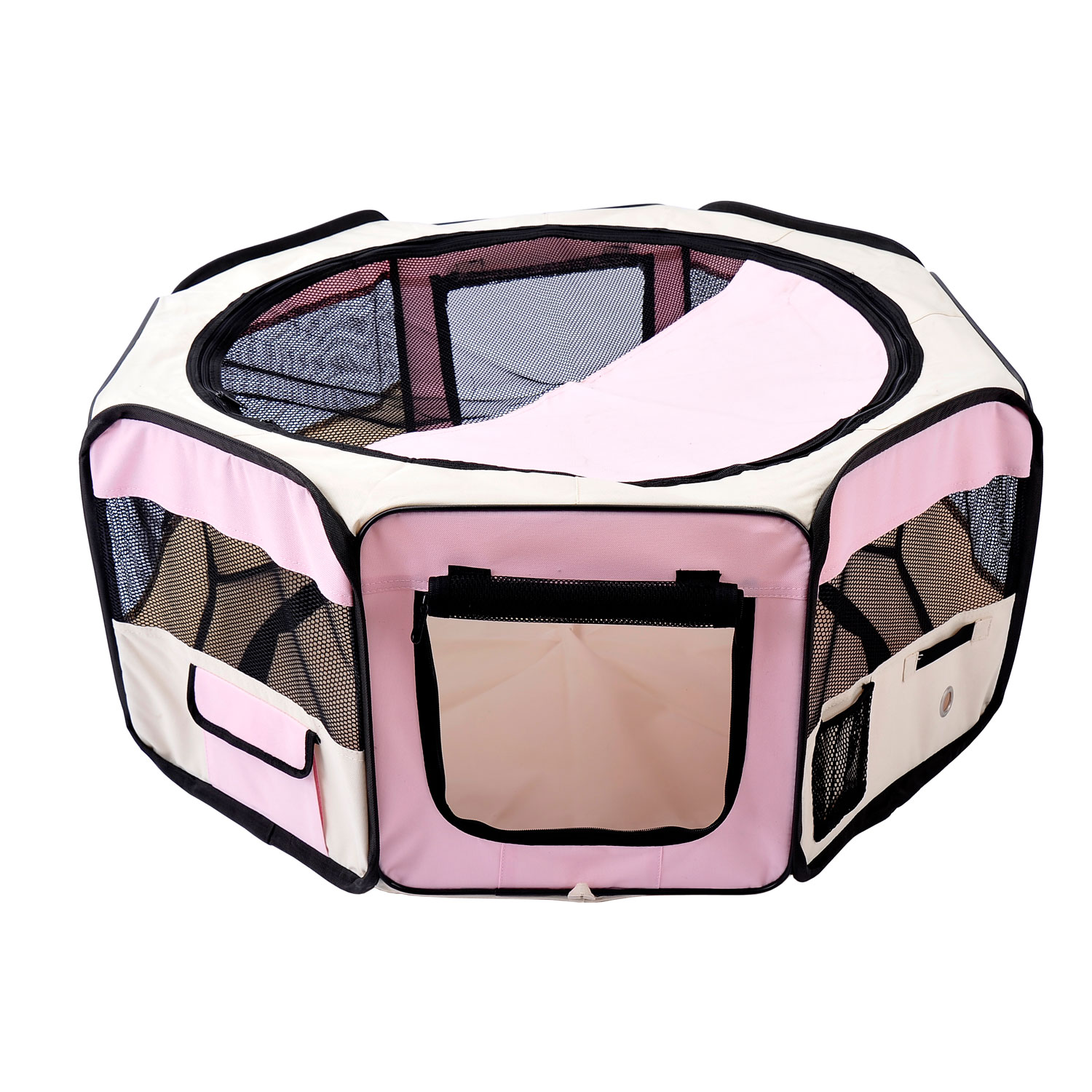 Fabric Pet Puppy Dog Cat Rabbit Pig Guinea Playpen Play Pen Run Dia90 x 41H cm Pink and Cream - Life Essentials