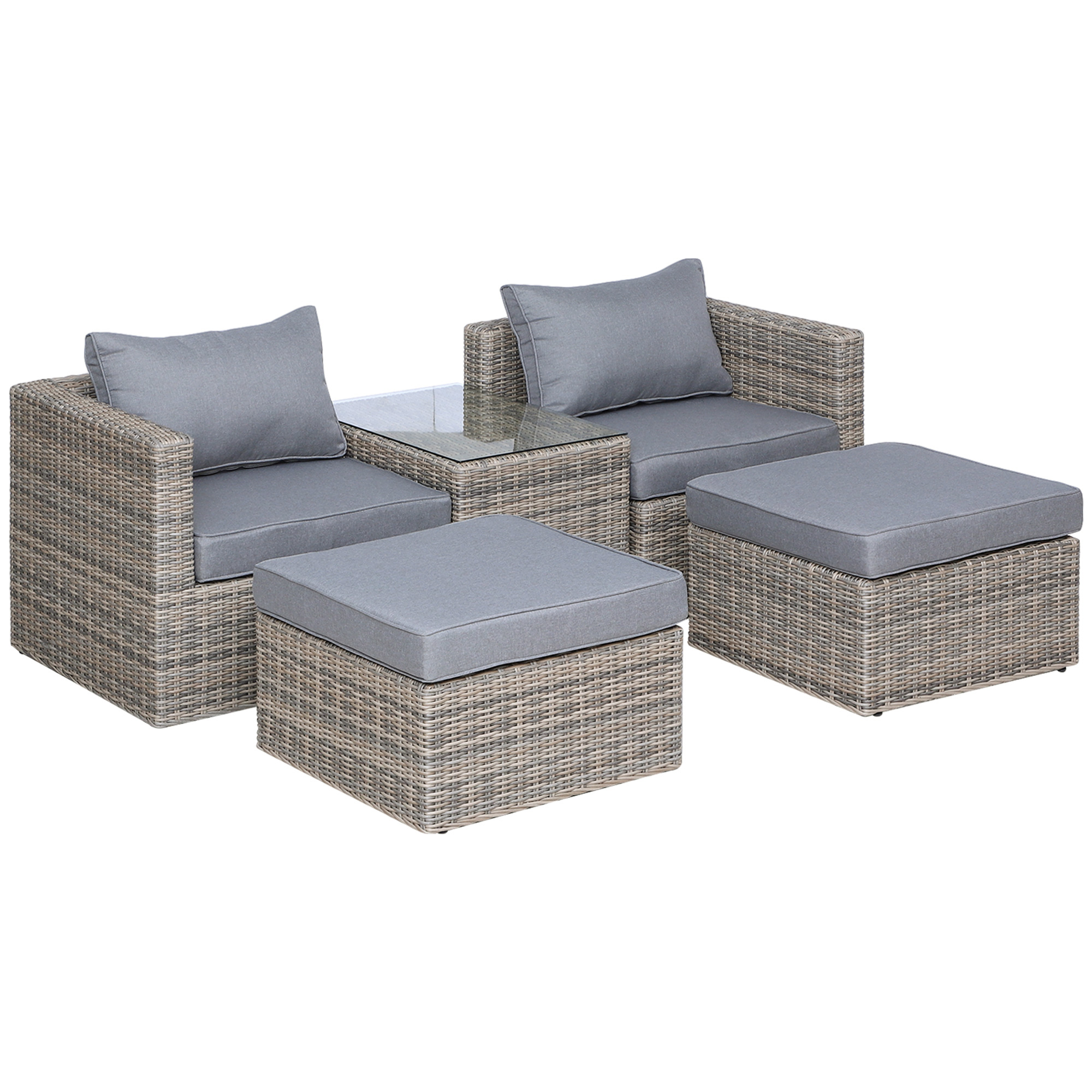 2 Seater Rattan Garden Furniture Set w/ Tall Glass-Top Table Aluminium Frame Plastic Wicker Thick Soft Cushions Outdoor Balcony Sofa, Grey - Life 
