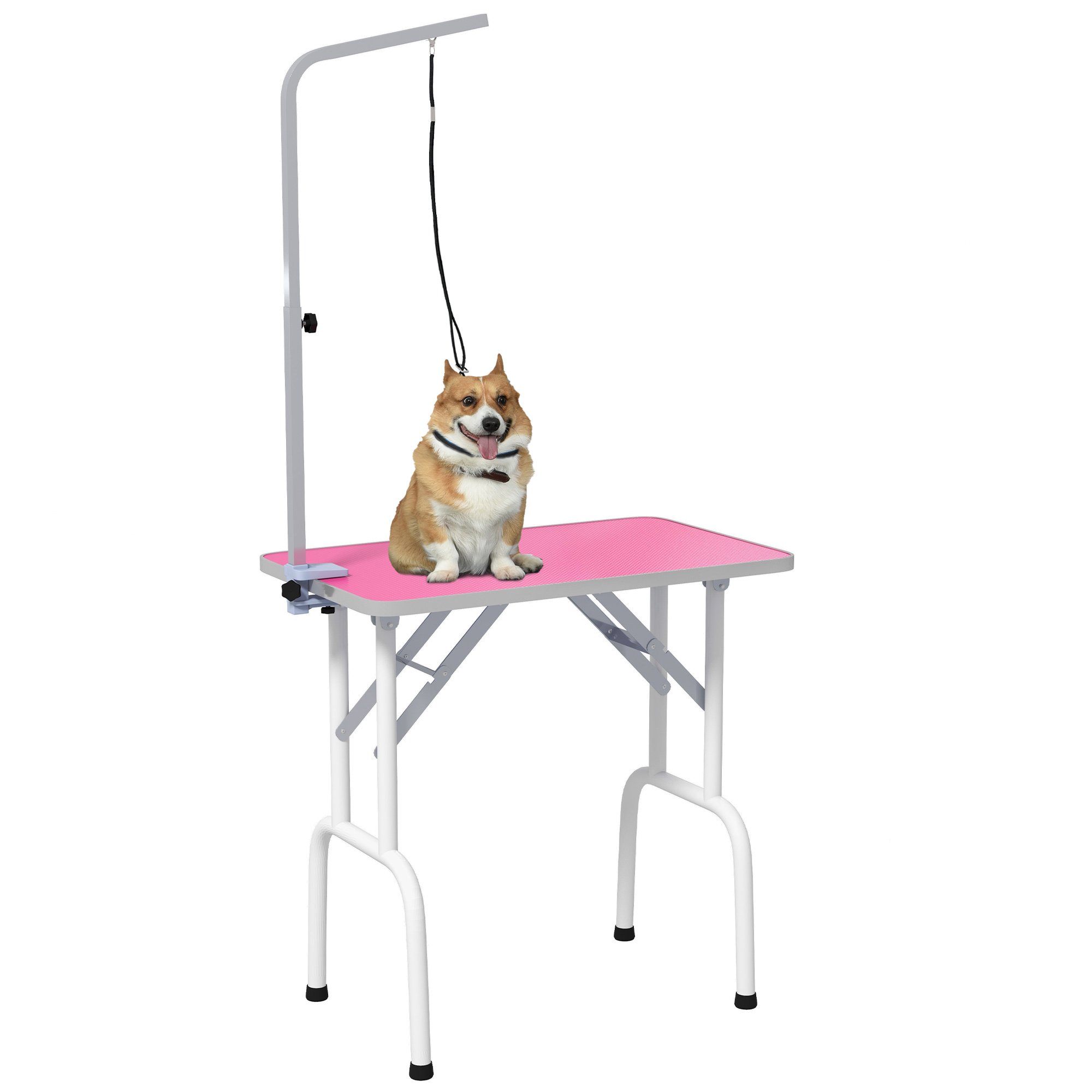 PAWSTER 32" Foldable Dog Grooming Table Pet Drying Beauty Table Adjustable Fixed Arm Rubber Top, Pink - Life Essentials