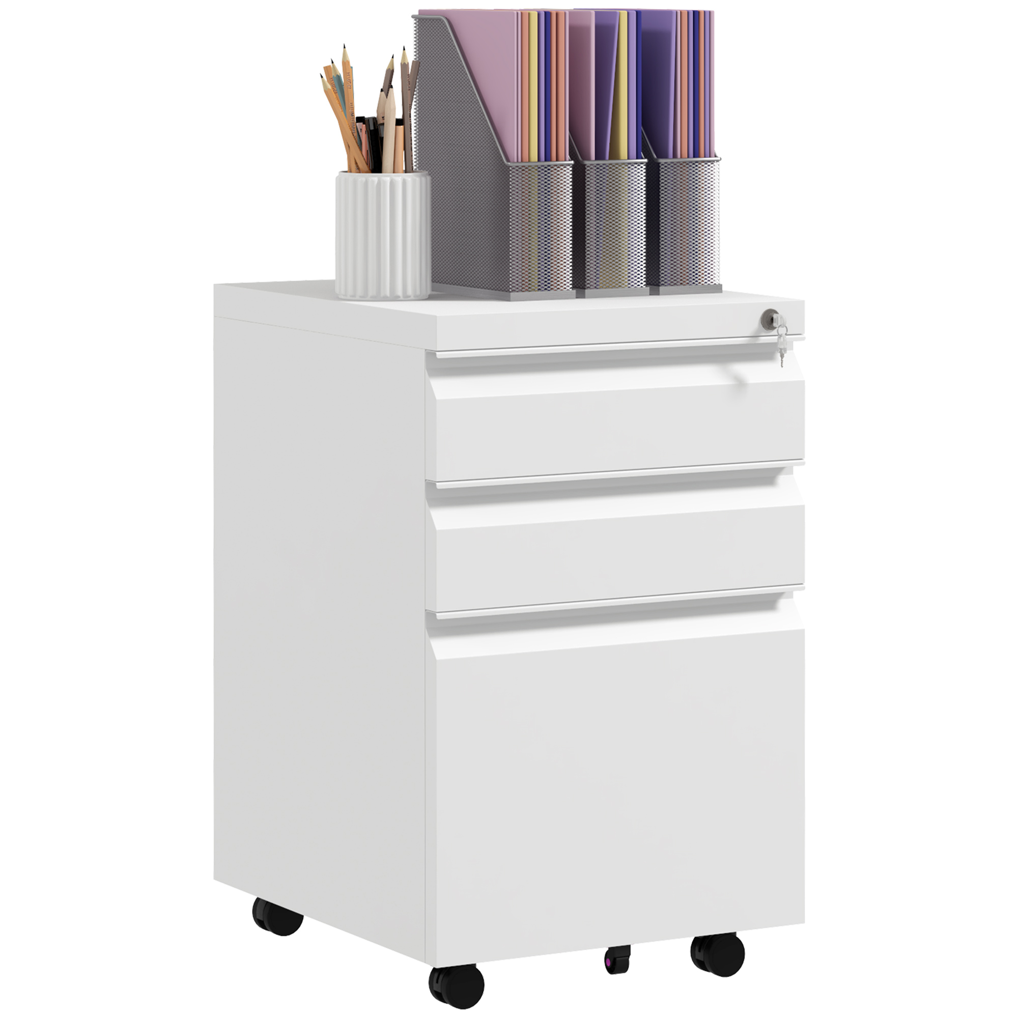 VONSETTA 3-Drawer Mobile Filing Cabinet with Pencil Tray, Steel Lockable Under Desk Drawers for Letter, A4 and Legal Size, Pre-Assembled Body, White -