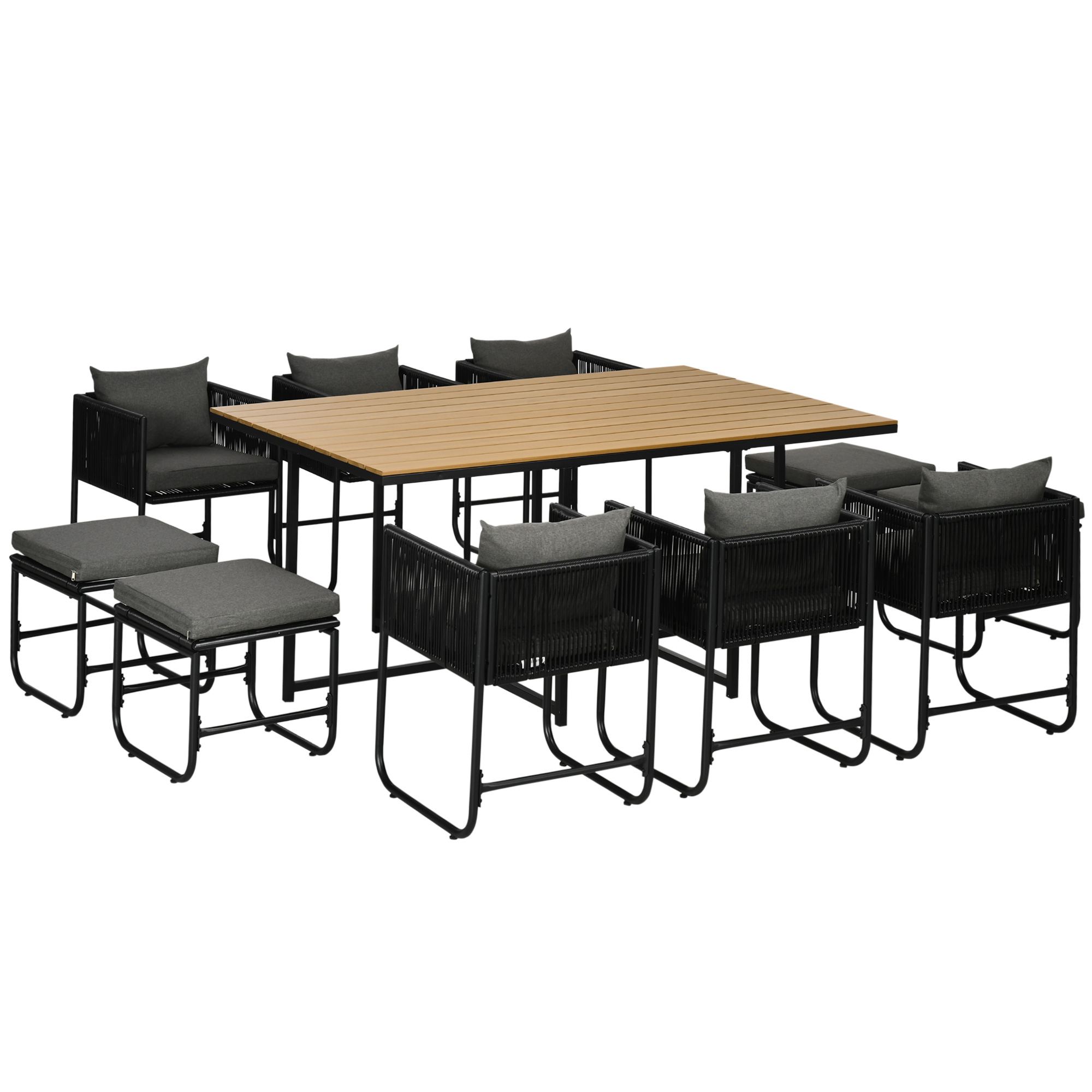 Patio 11 PCs PE Rattan Dining Set, Garden Round Wicker 10-seater Table & Chair Sets, with Wood Grain Plastic Top, Space-saving Design Black - Life 