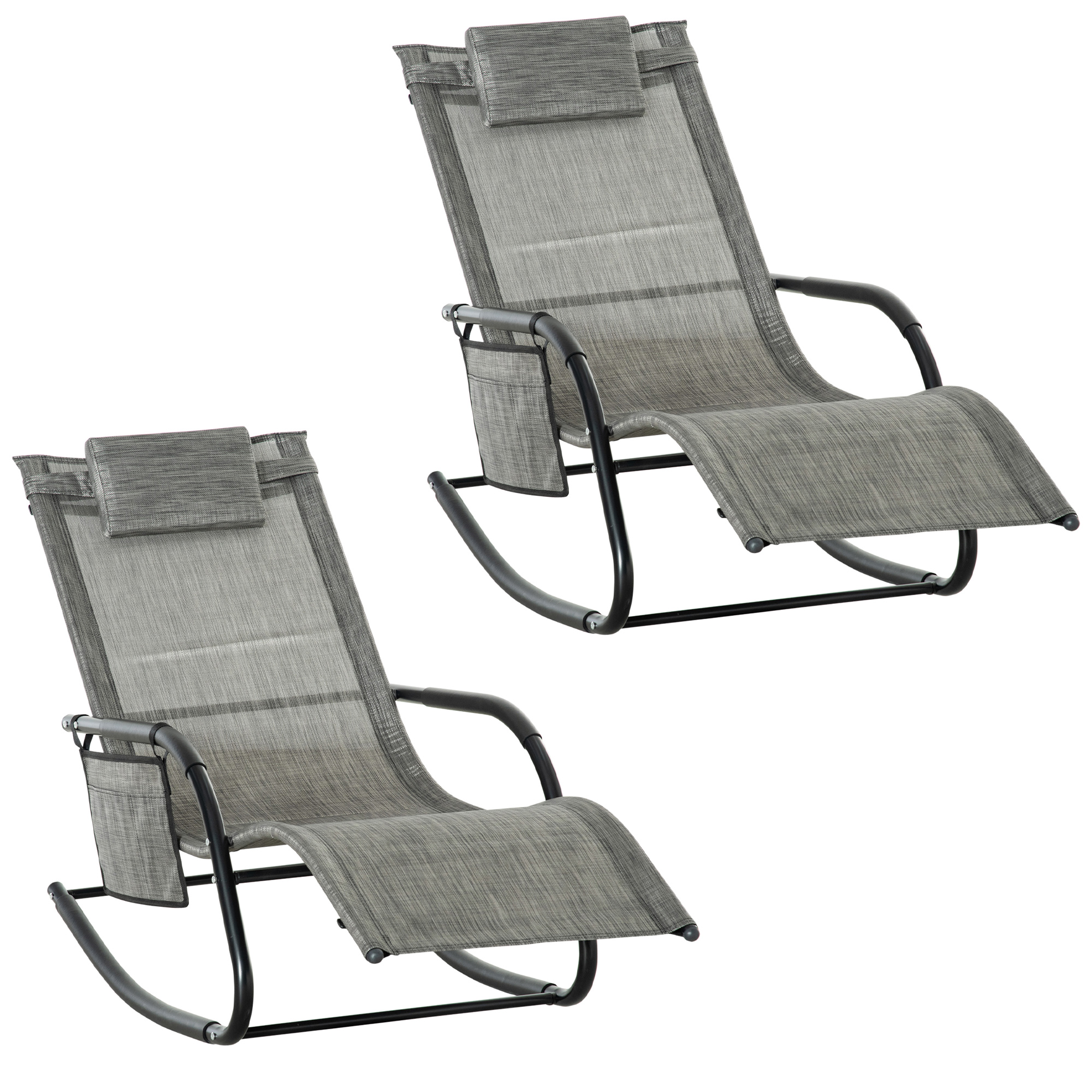 2Pcs Garden Rocking Chair, Patio Sun Lounger Rocker Chair w/ Breathable Mesh Fabric, Removable Headrest Pillow, Side Storage Bag, Dark Grey - Life 