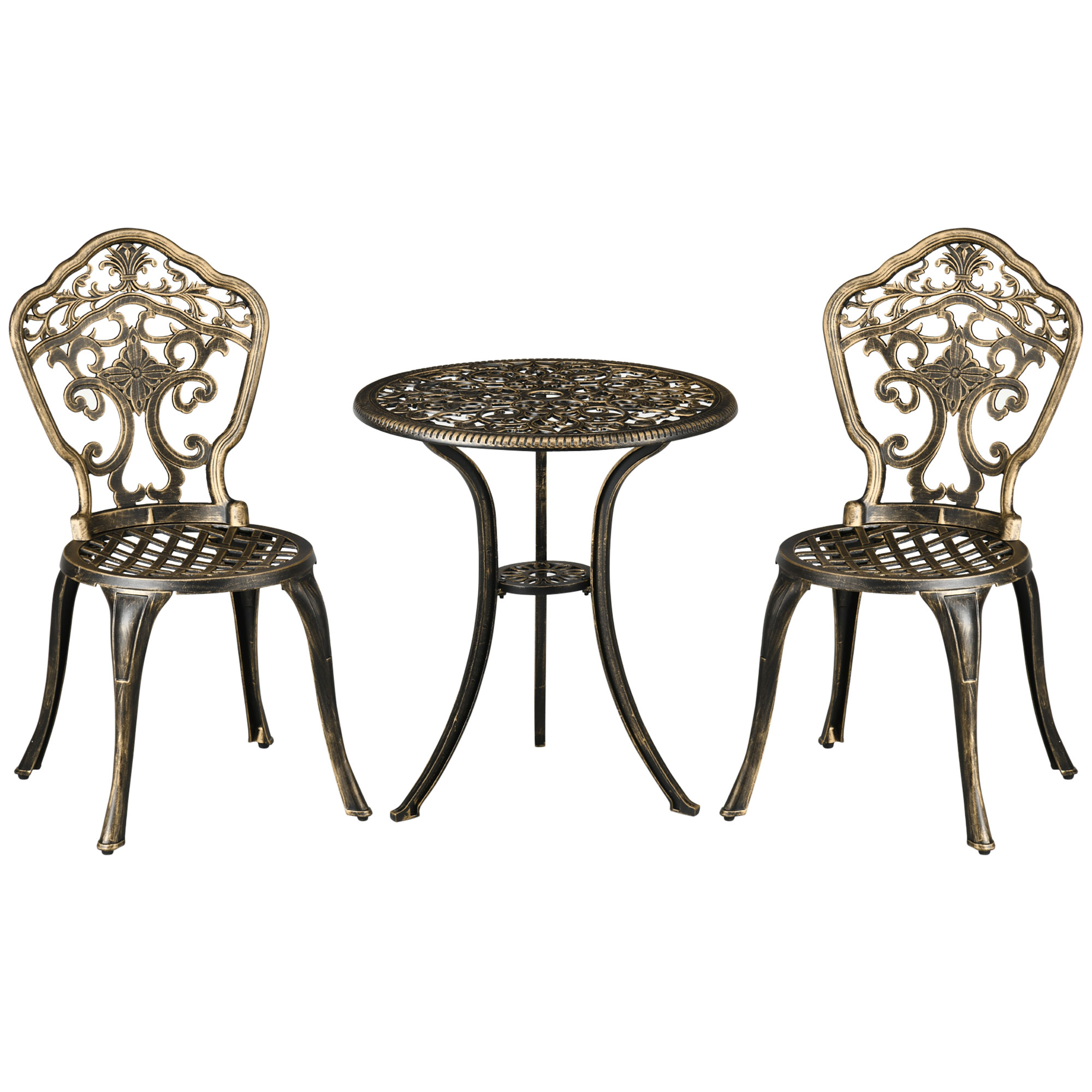 3 Piece Cast Aluminium Garden Bistro Set for 2 with Parasol Hole, Outdoor Coffee Table Set, Two Armless Chairs and Round Coffee Table - Life 