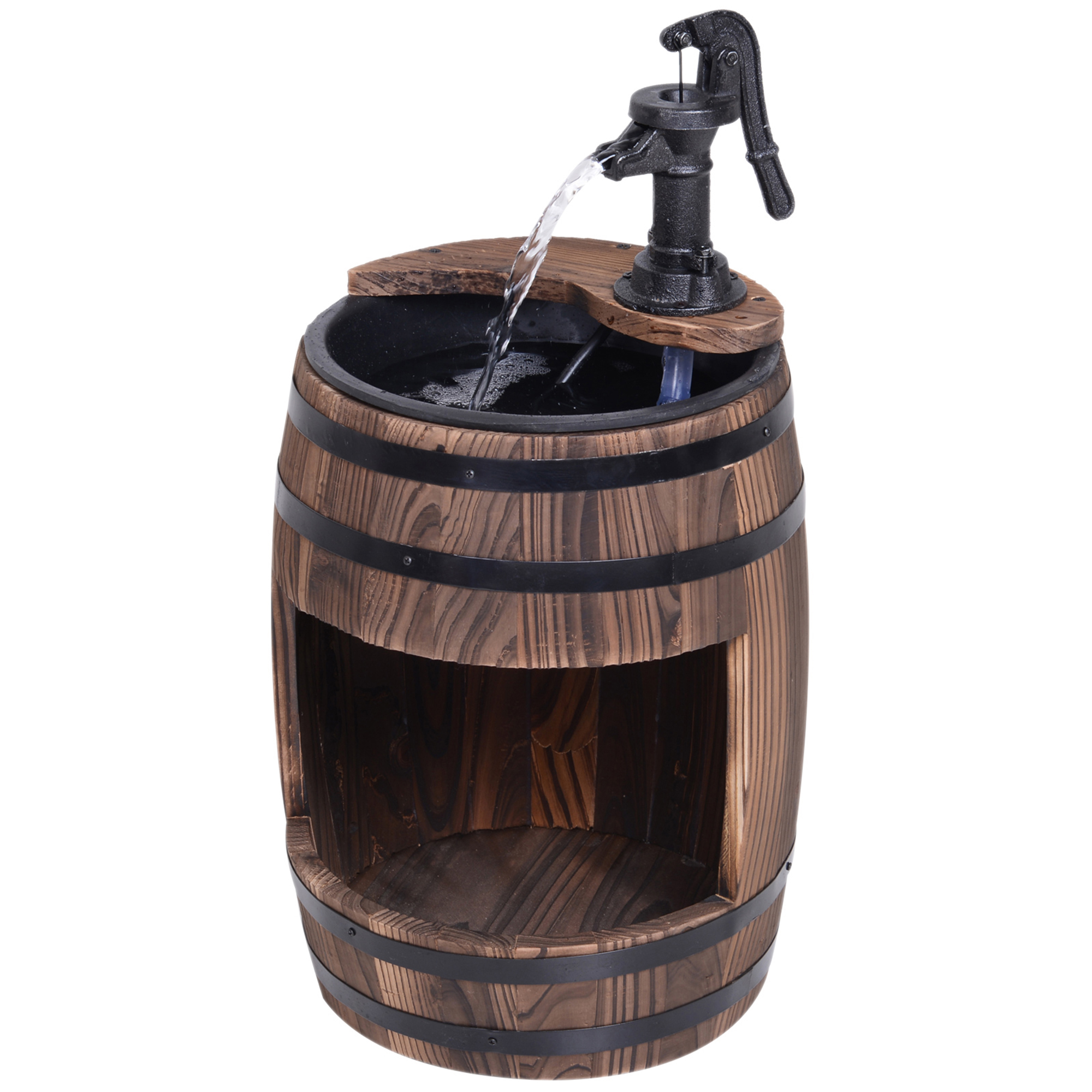 Wood Barrel Patio Water Fountain Electric Pump Garden Decorative Ornament with Flower Planter Decor - Life Essentials