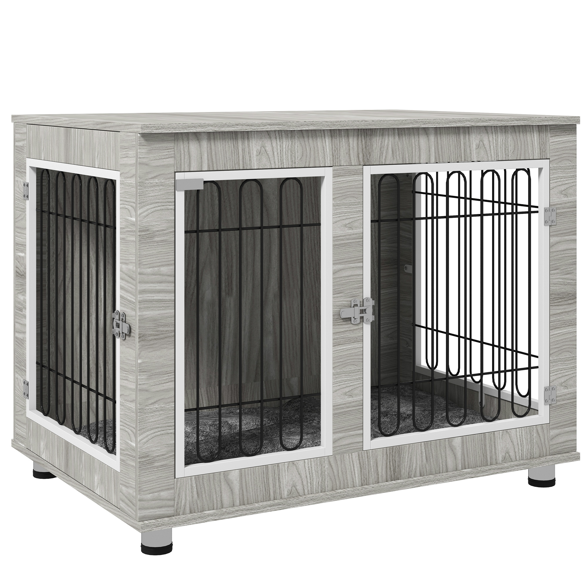 Indoor Dog Kennel w/ Soft Cushion, Double Door for Large Dogs, 106 x 74 x 81.5cm, Grey - Life Essentials