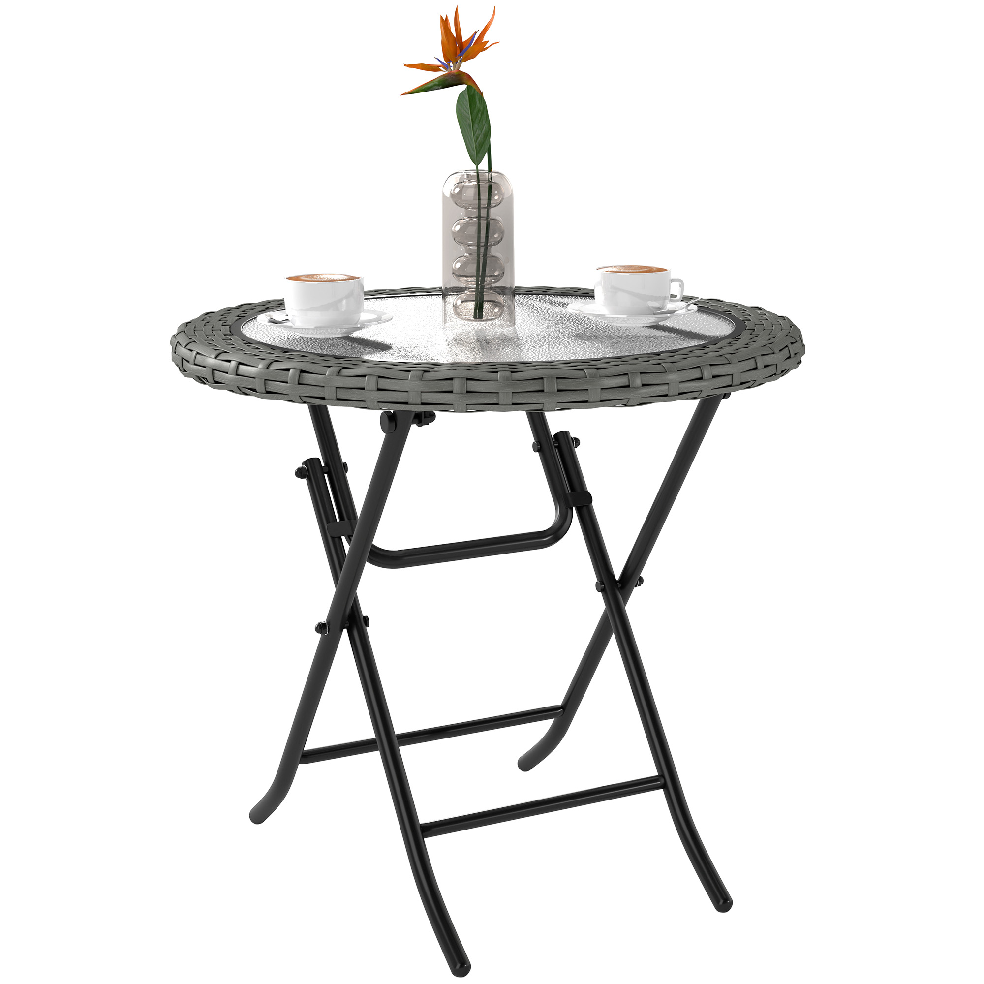 SUNVISTA Folding Round Tempered Glass Garden Table with Grey Rattan Edging - Life Essentials