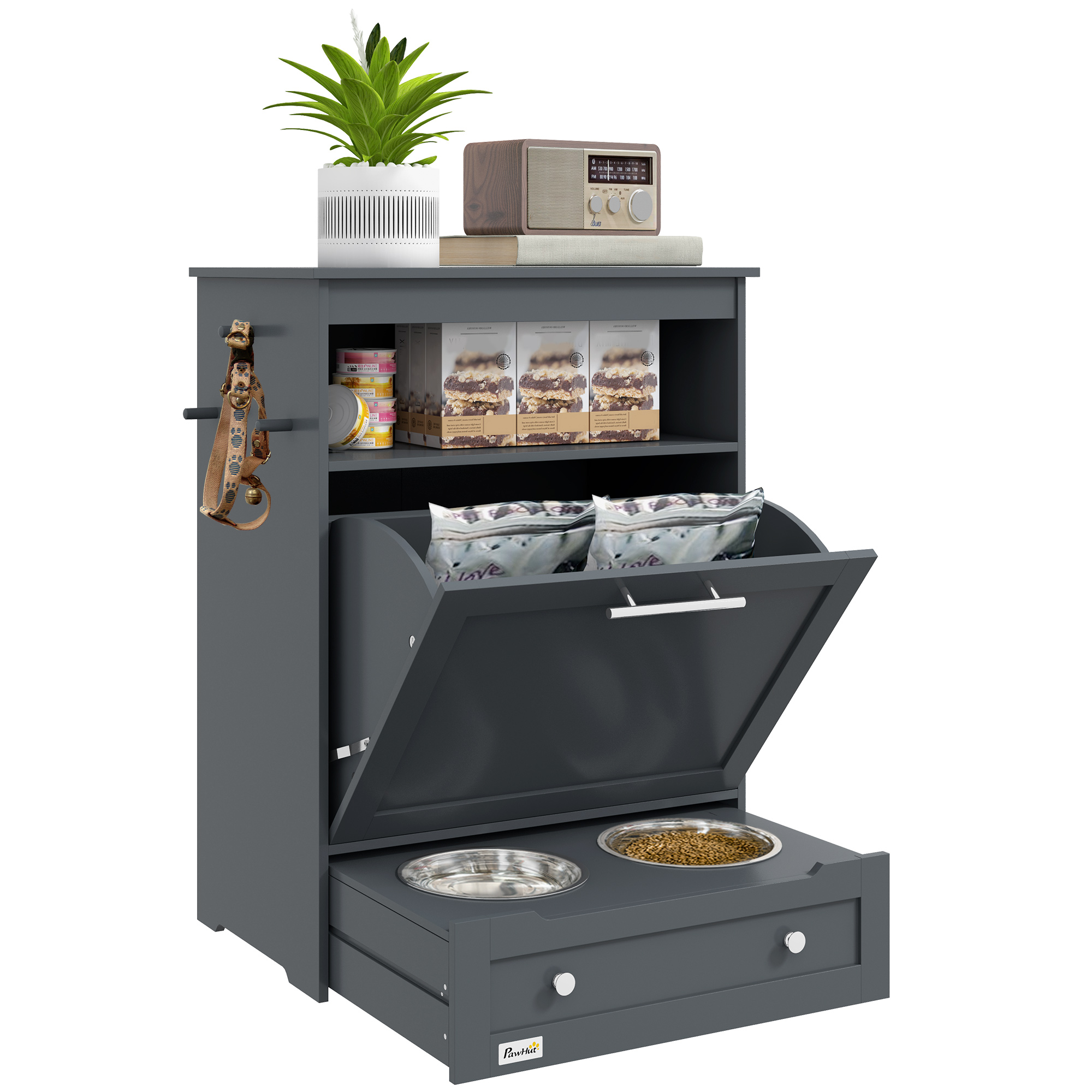 Pet Feeder Station, Dog Food Storage Container with Dog Raised Bowls and Hanger for Feeding and Watering Supplies, Grey - Life Essentials