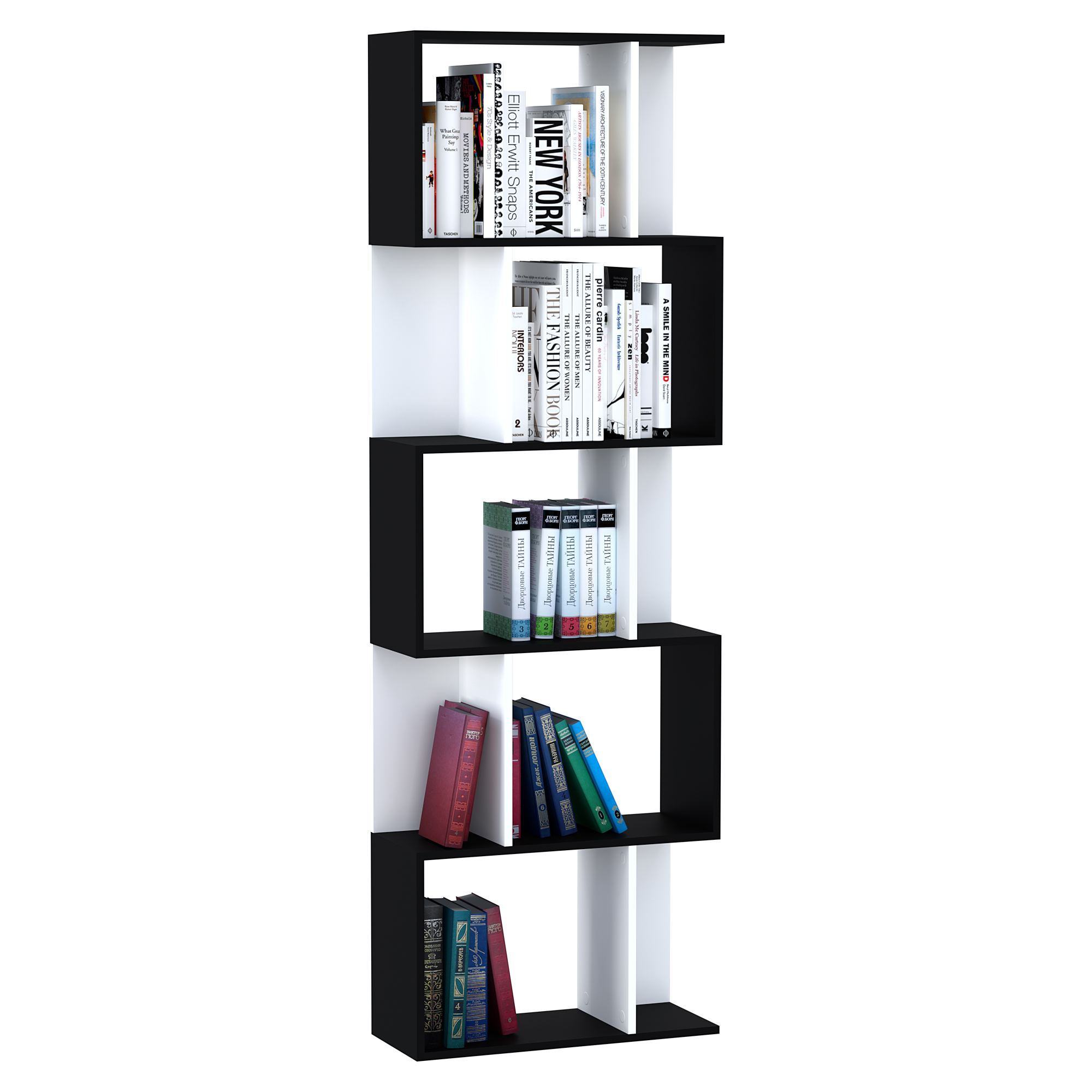 5-tier Bookcase Storage Display Shelving S Shape design Unit Divider Black - Life Essentials