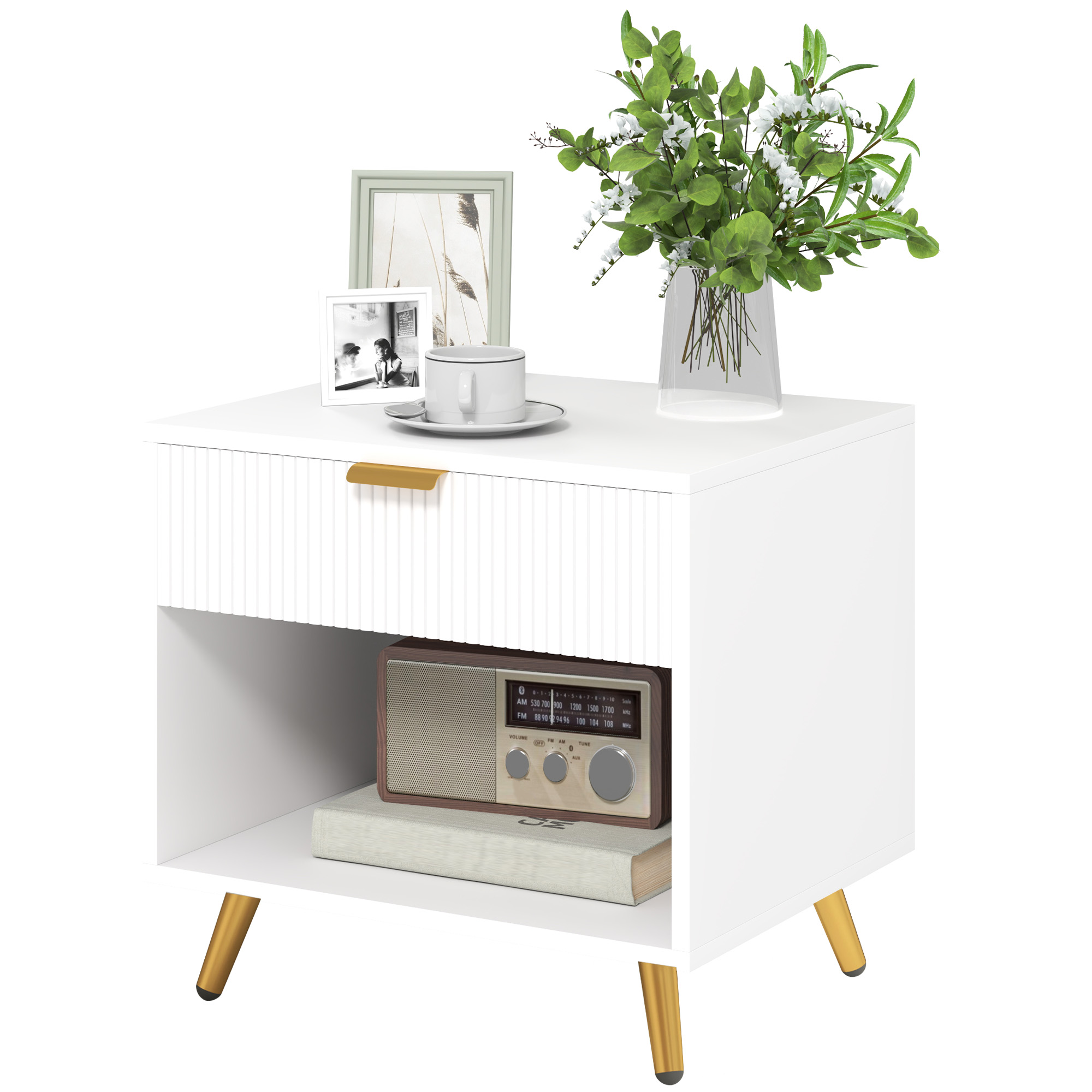 HERON Elegant Bedside Table, with Drawer and Shelf - White/Gold Tone - Life Essentials