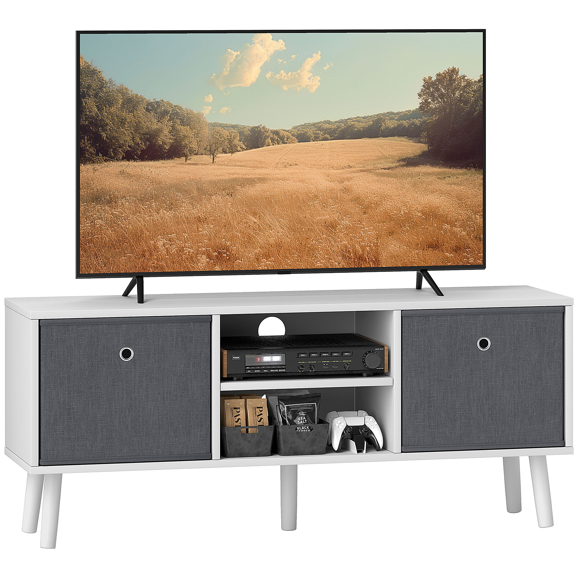 TV Cabinet Stand Unit for TVs up to 50'' Flat Screen with Foldable Drawers and Shelves, Entertainment Center for Living Room, Bedroom - Life 