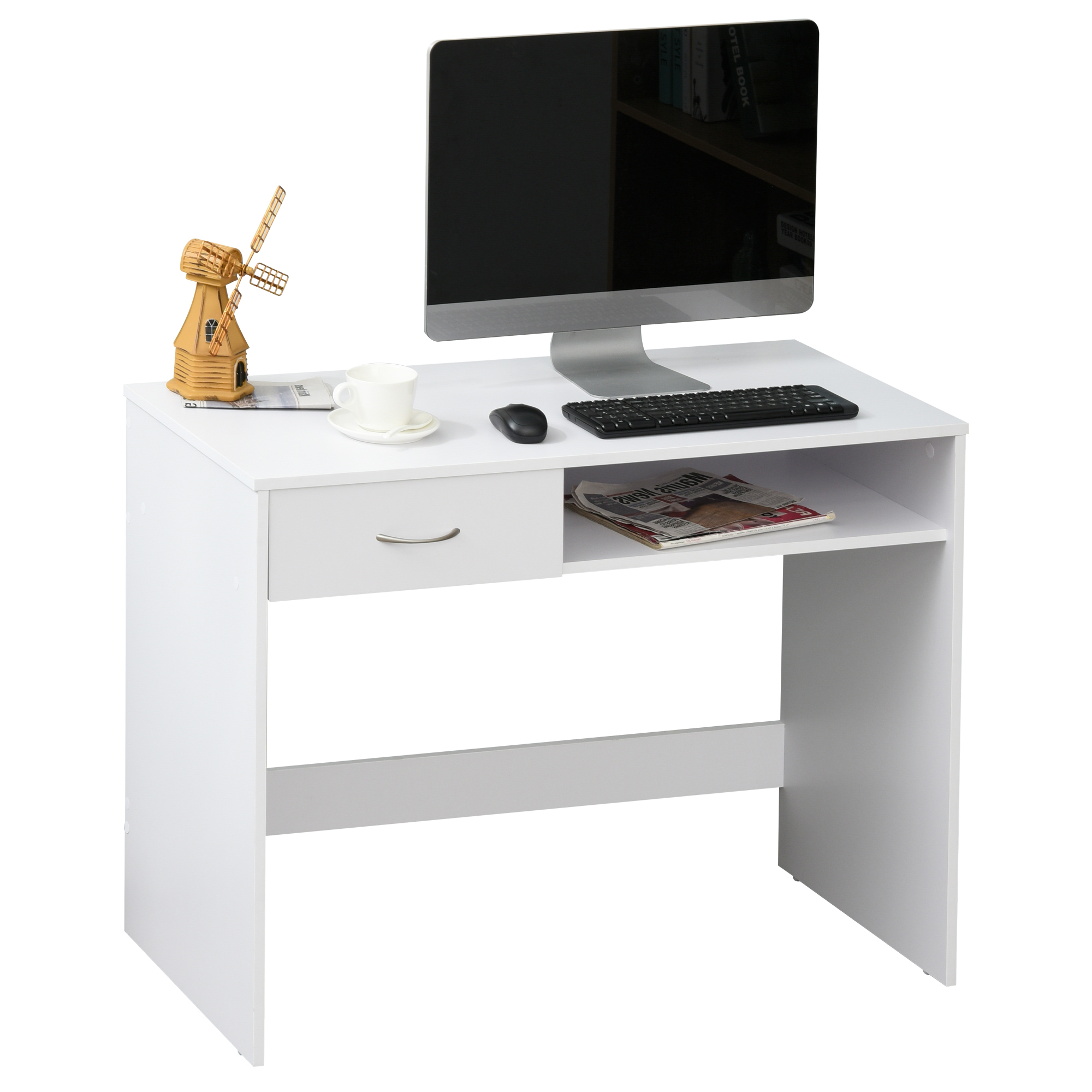 Modern Computer Work Desk Table Study w/ Shelf Drawer Standing Writing Station Display Stylish Storage Compact White - Life Essentials