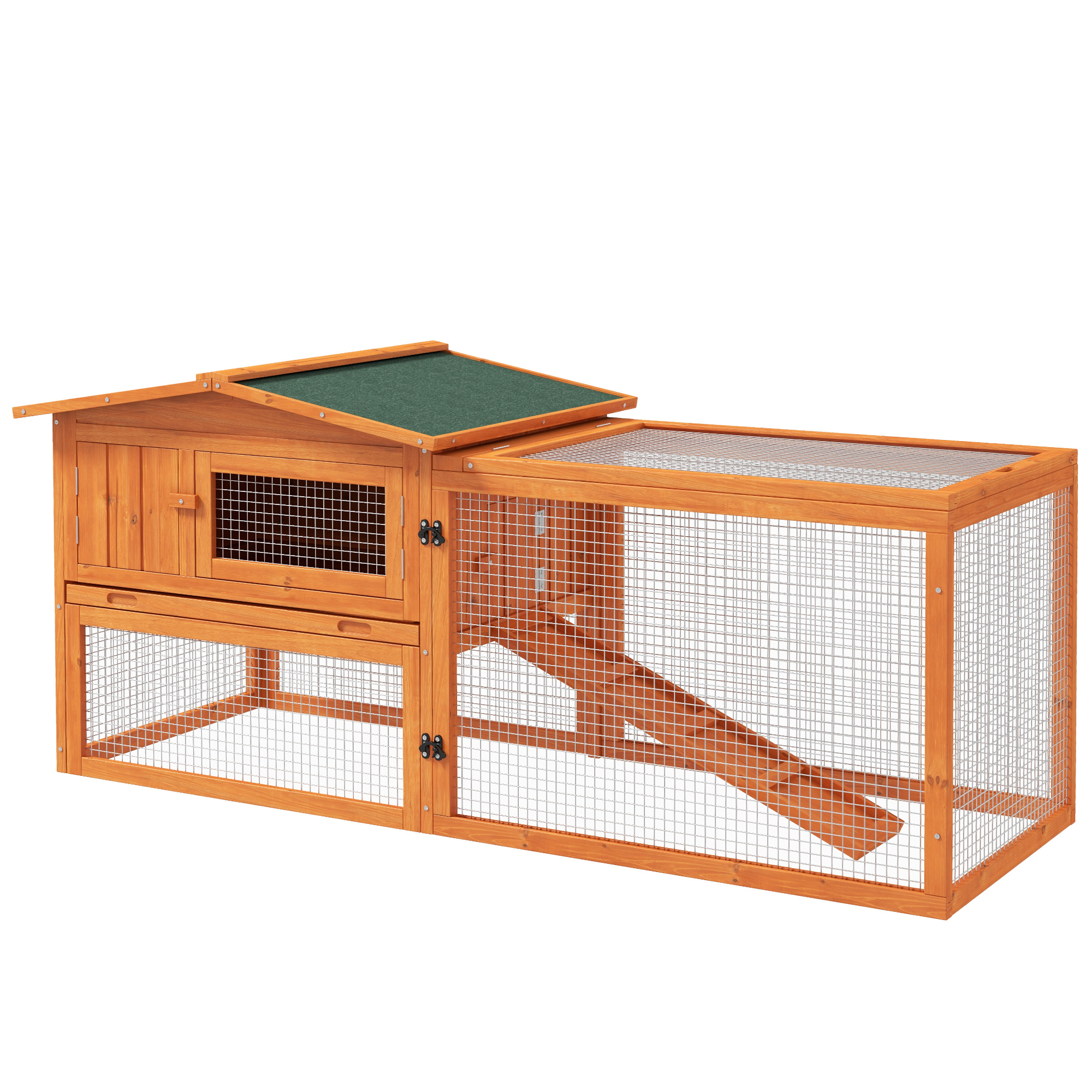 Rabbit Hutch and Run Outdoor Bunny Cage Wooden Guinea Pig Hide House with Sliding Tray, Hay Rack, Ramp, 156 x 58 x 68cm - Life Essentials