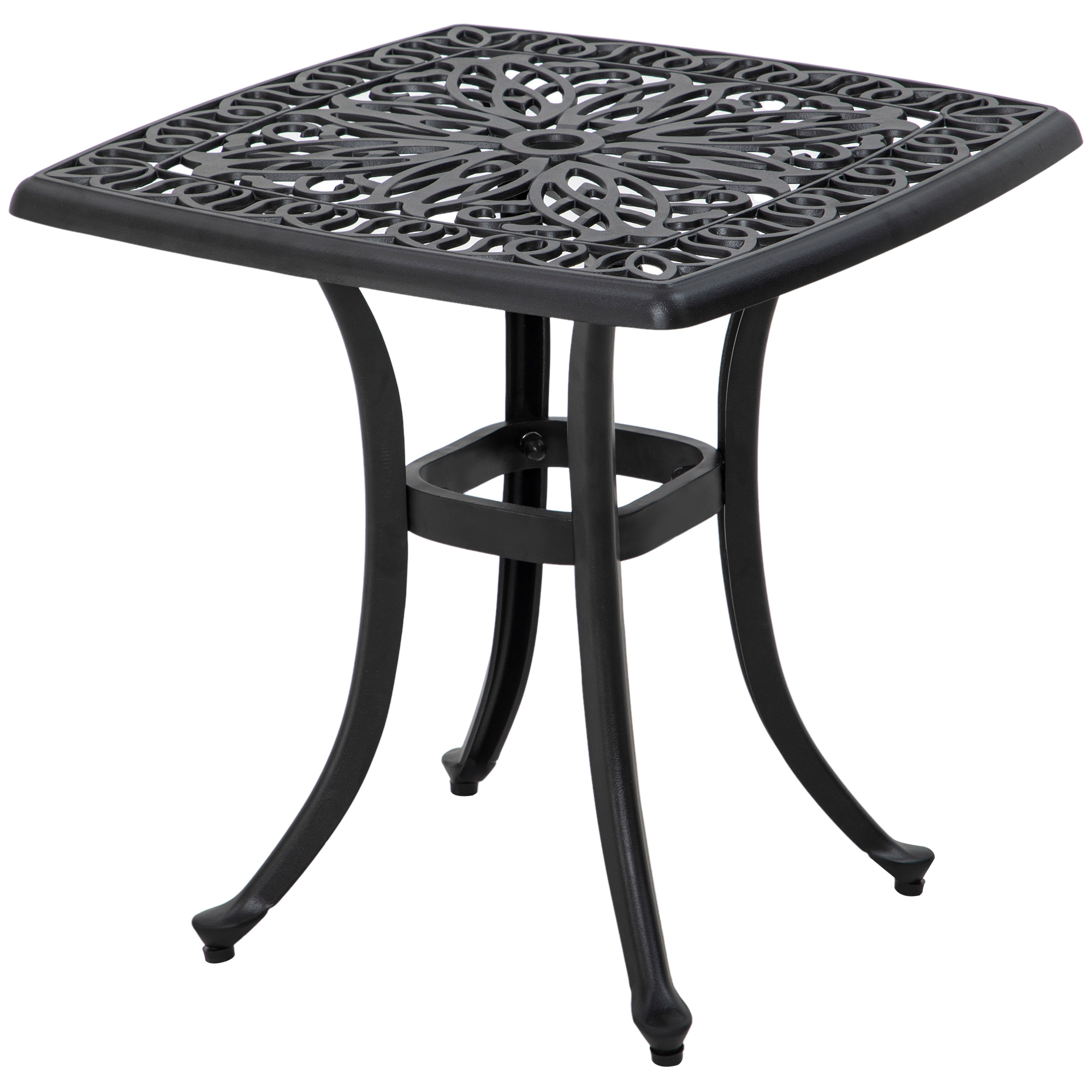 Cast Aluminium Bistro Table, Outdoor Square Side Table with Umbrella Hole, Garden Table for Balcony, Poolside, Black - Life Essentials