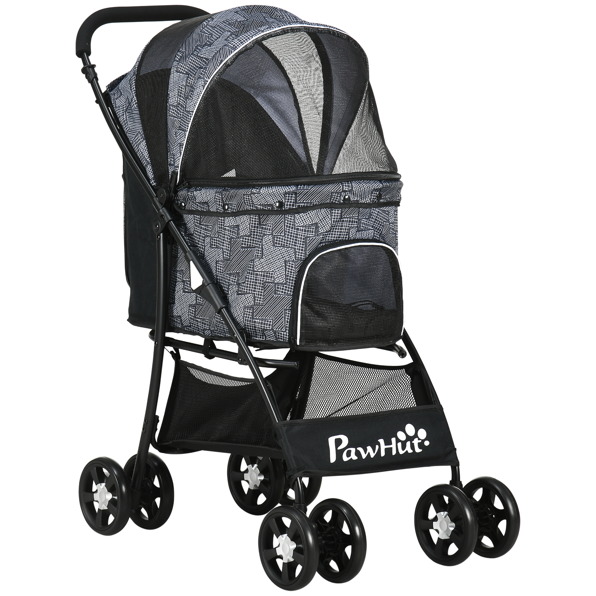 Pet Stroller, Dog Cat Travel Carriage, Foldable Carrying Bag with Large Carriage, Universal Wheels, Brake Canopy, Basket, Storage Bag, Grey - Life 