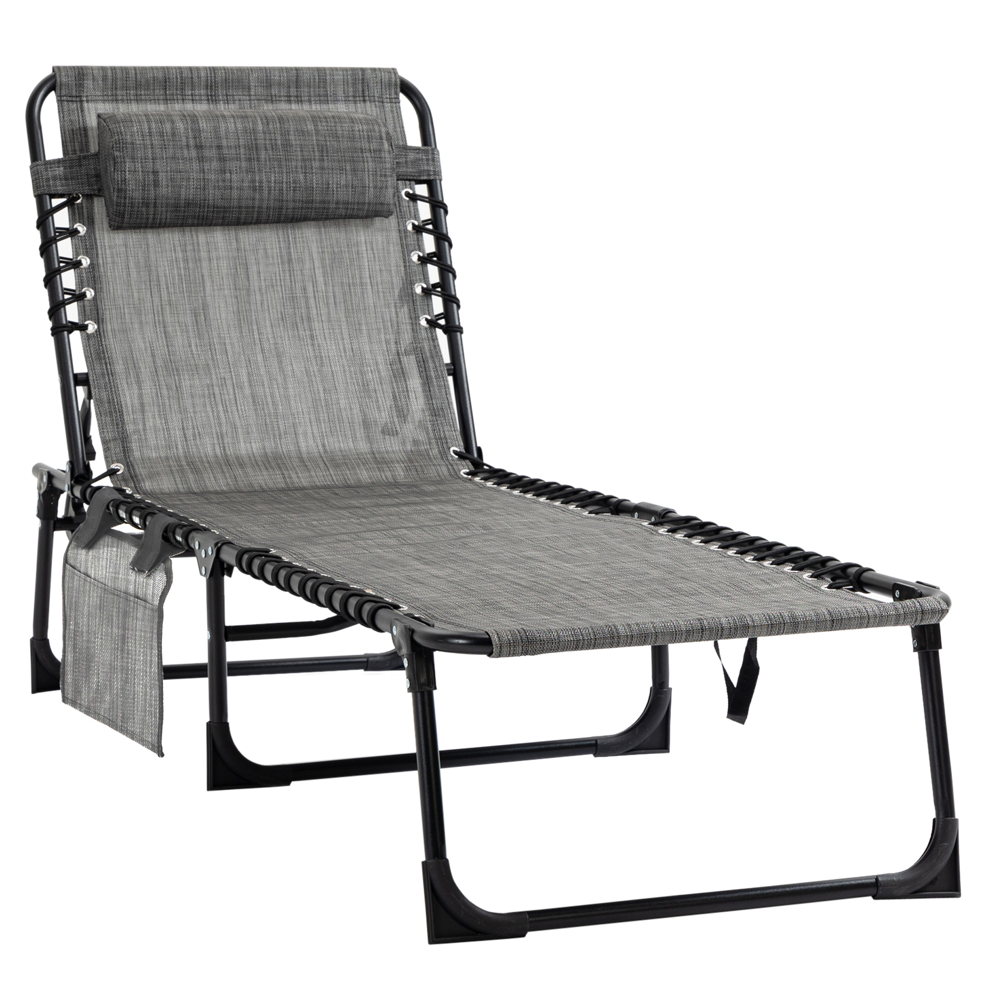Portable Sun Lounger, Folding Camping Bed Cot, Reclining Lounge Chair 5-position Adjustable Backrest with Pillow, Mixed Grey - Life Essentials
