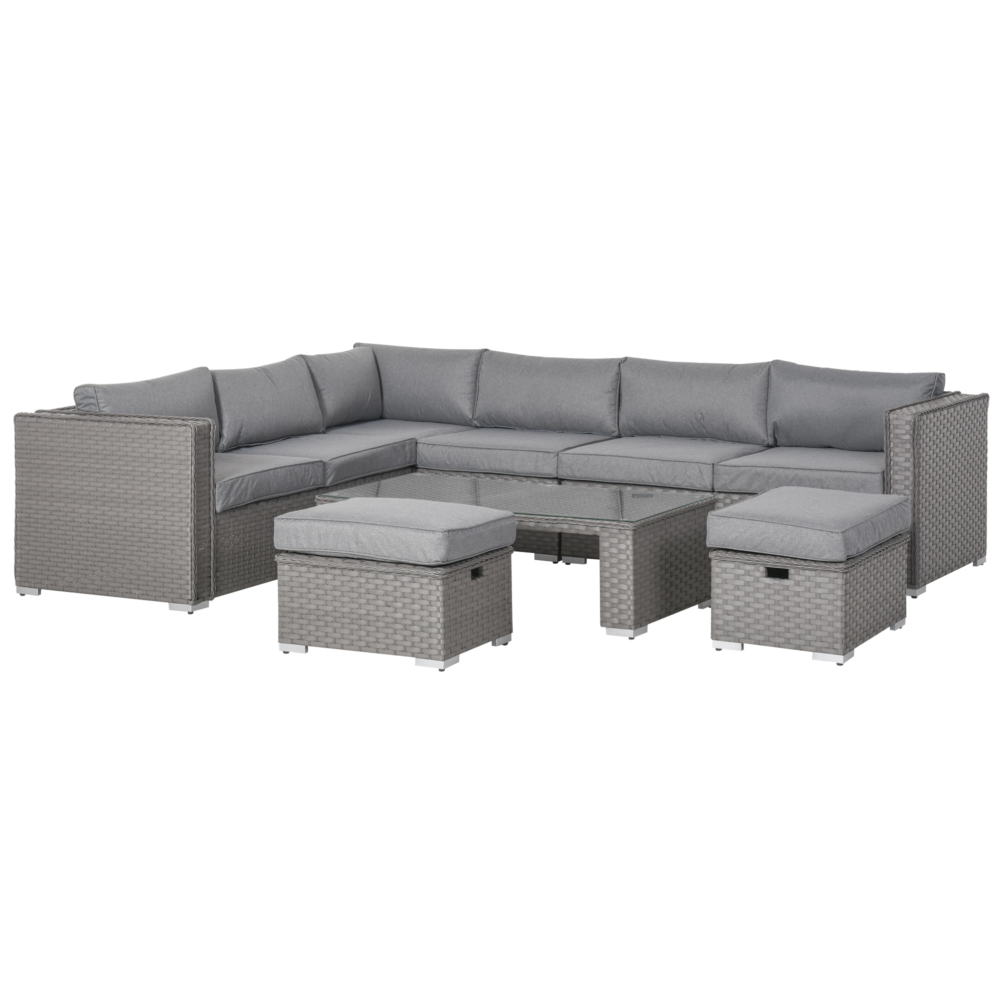8-Seater PE Rattan Garden Corner Sofa Set Outdoor Wicker Conservatory Furniture Coffee Table Footstool, Grey - Life Essentials