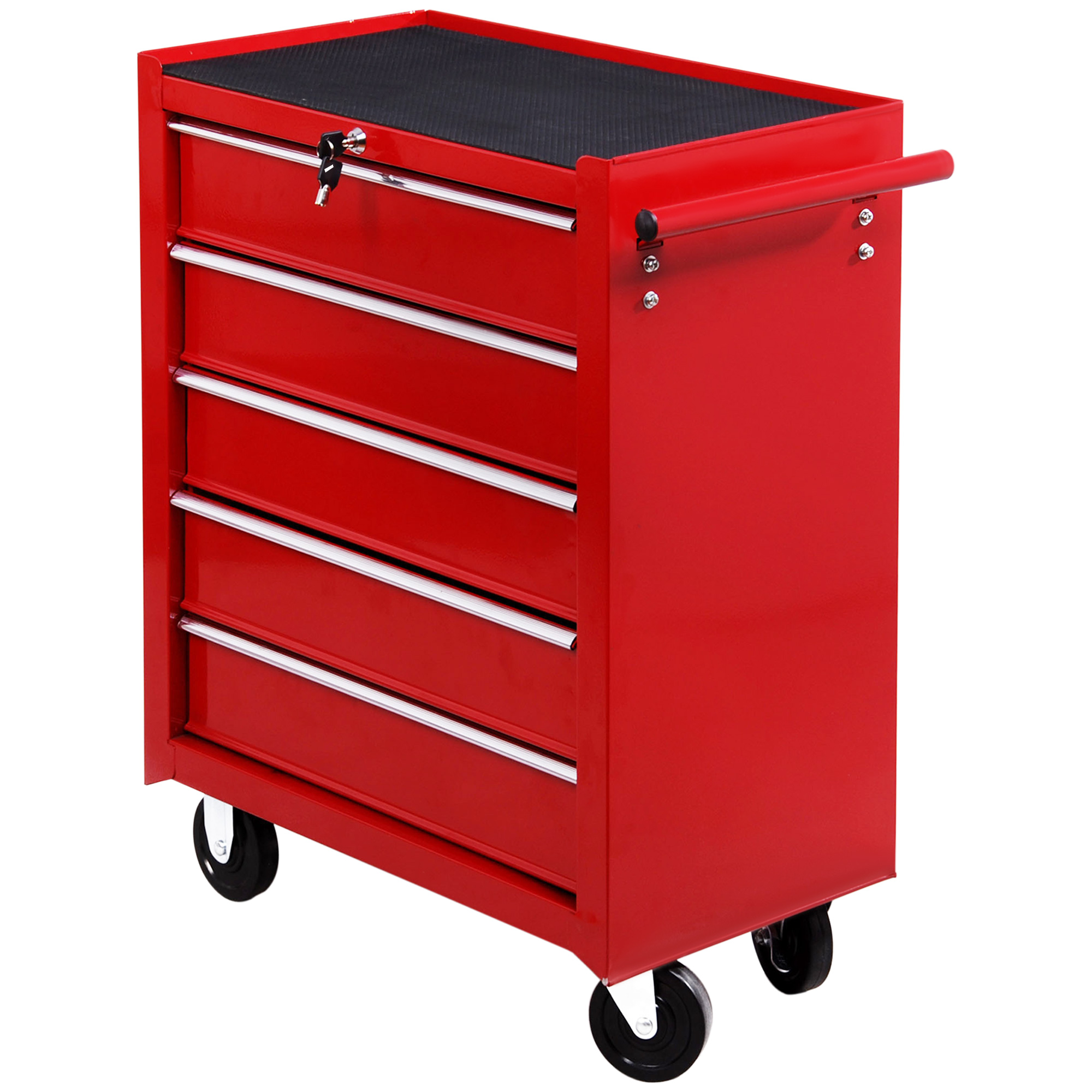 5 Drawer Tool Chest on Wheels, Lockable Steel Tool Trolley with Side Handle for Workshop, Garage, Red - Life Essentials
